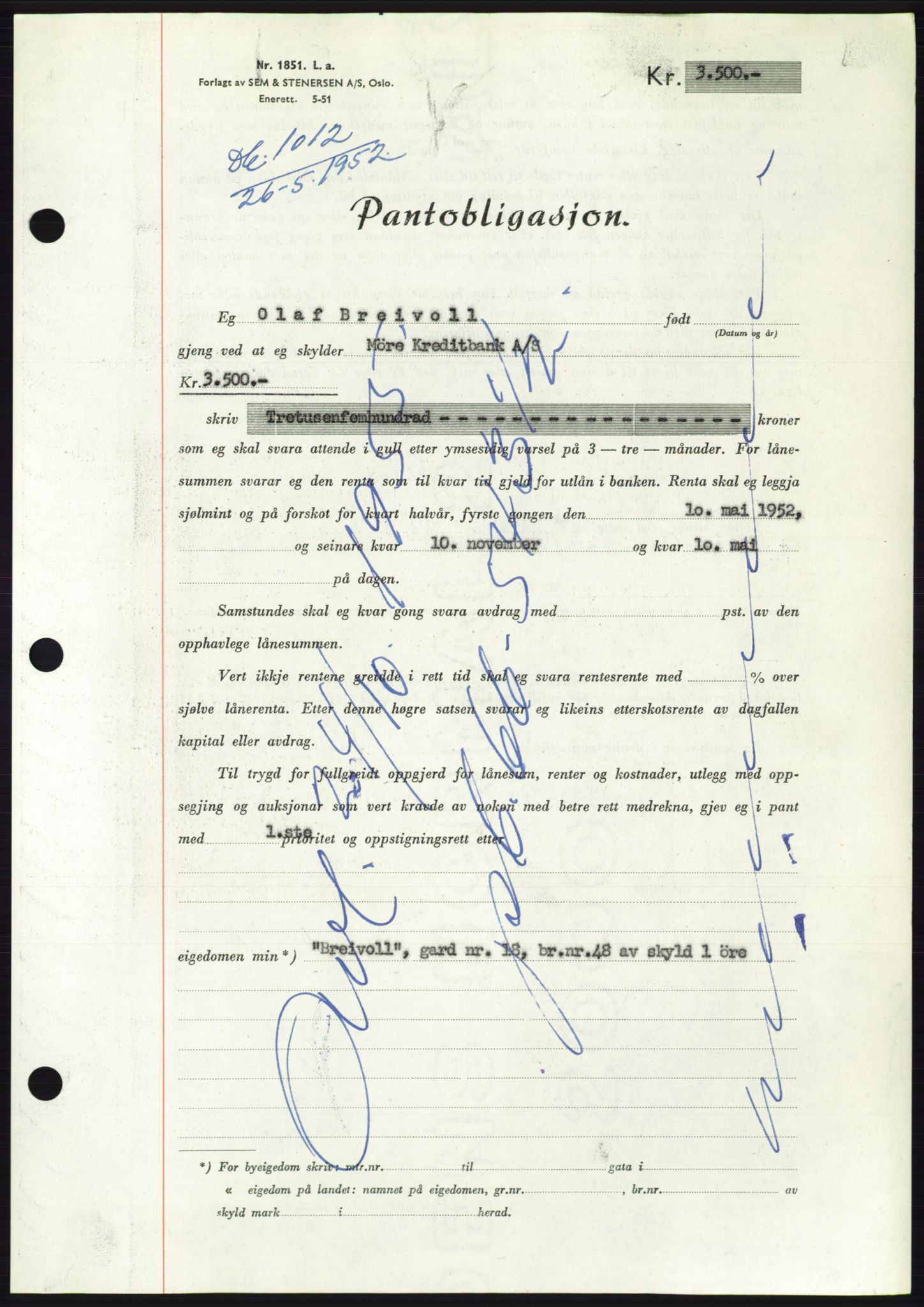 Søre Sunnmøre sorenskriveri, AV/SAT-A-4122/1/2/2C/L0121: Pantebok nr. 9B, 1951-1952, Dagboknr: 1012/1952