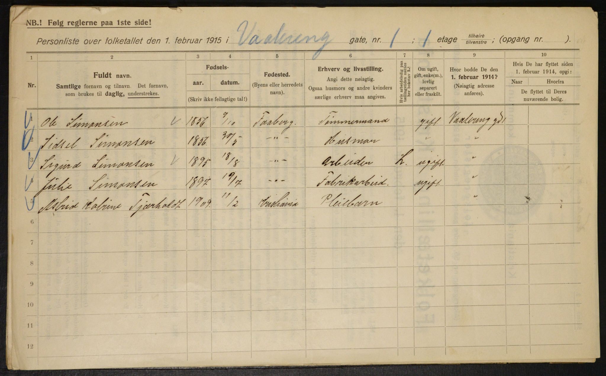 OBA, Kommunal folketelling 1.2.1915 for Kristiania, 1915, s. 126137