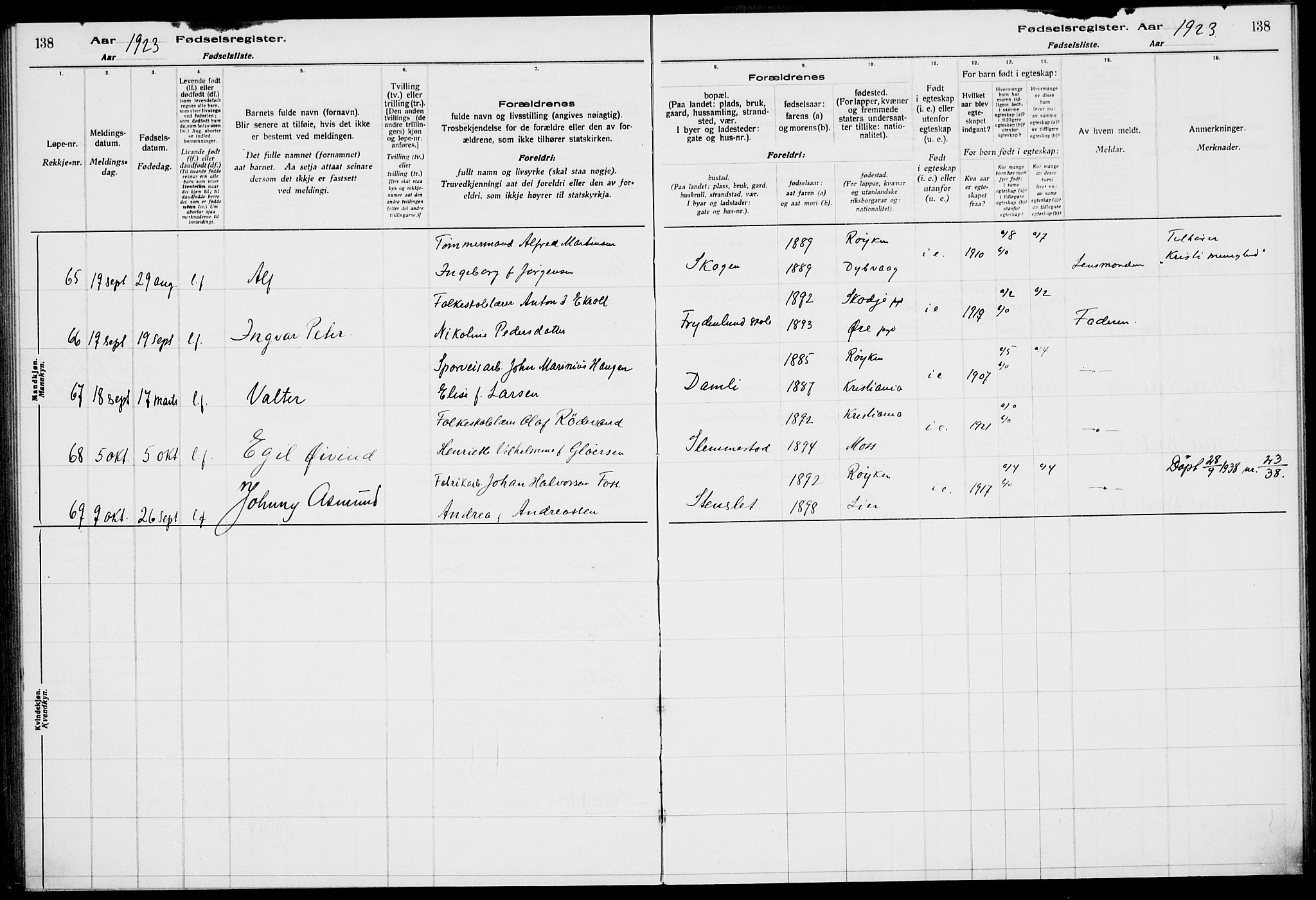 Røyken kirkebøker, SAKO/A-241/J/Ja/L0001: Fødselsregister nr. 1, 1916-1927, s. 138