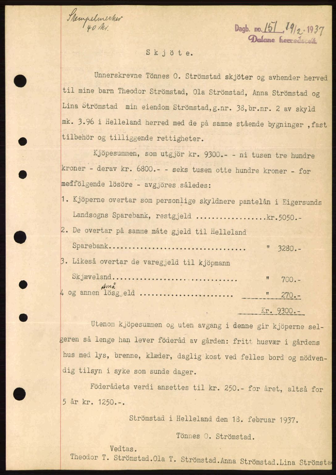 Dalane sorenskriveri, SAST/A-100309/02/G/Gb/L0041: Pantebok nr. A2, 1936-1937, Dagboknr: 151/1937