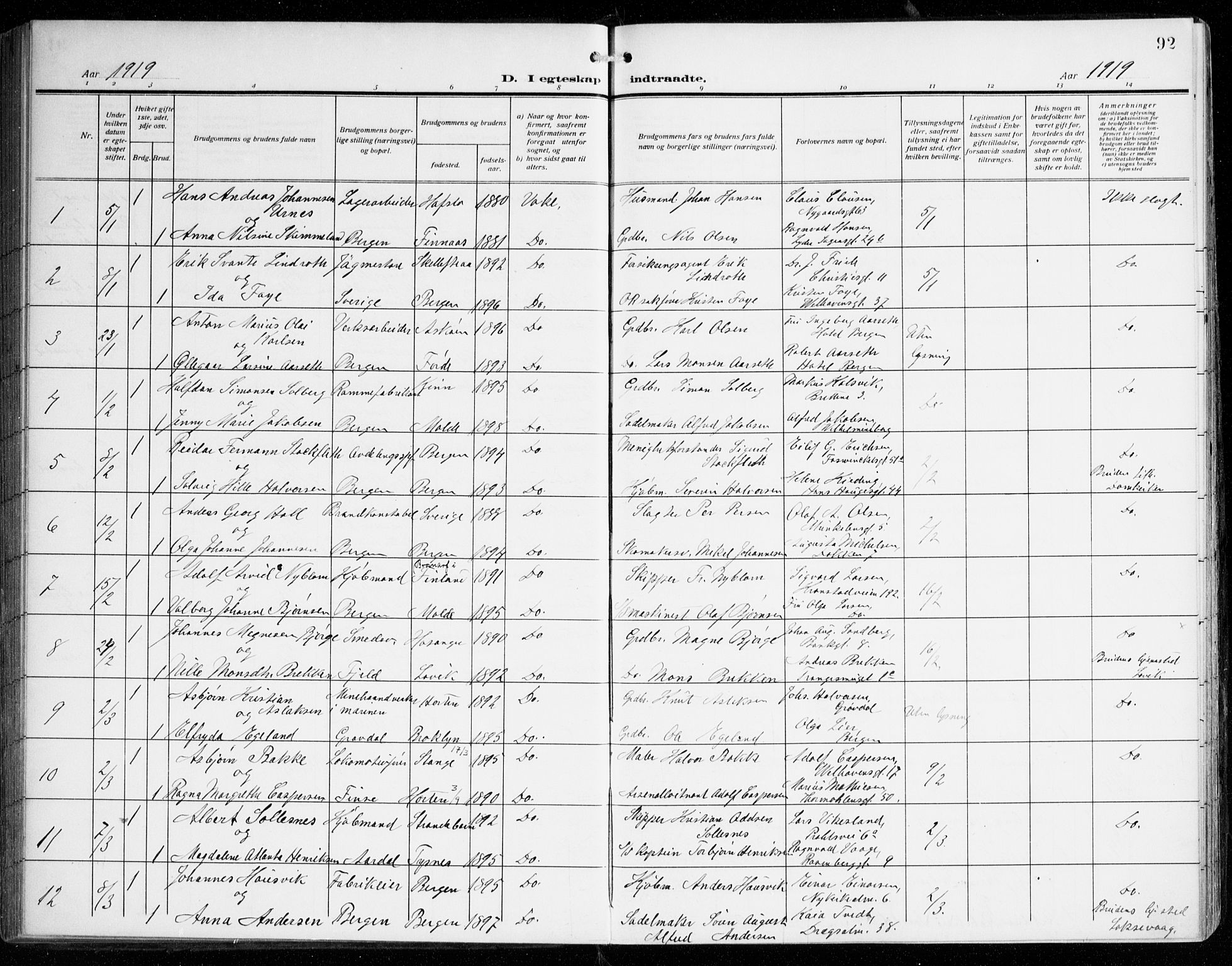 Johanneskirken sokneprestembete, AV/SAB-A-76001/H/Haa/L0013: Ministerialbok nr. D 2, 1912-1929, s. 92