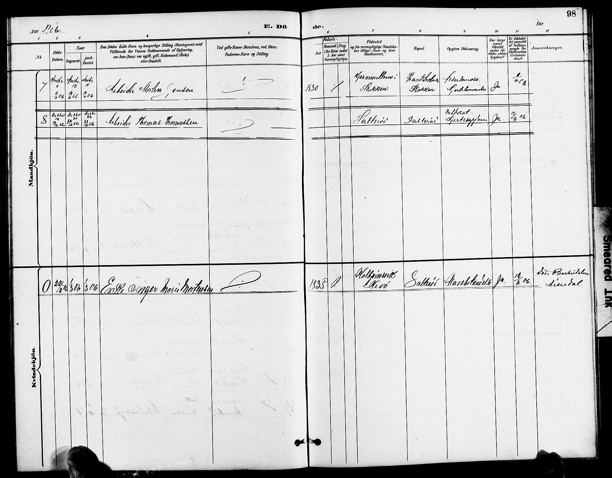 Austre Moland sokneprestkontor, SAK/1111-0001/F/Fb/Fbb/L0002: Klokkerbok nr. B 2, 1894-1918, s. 98