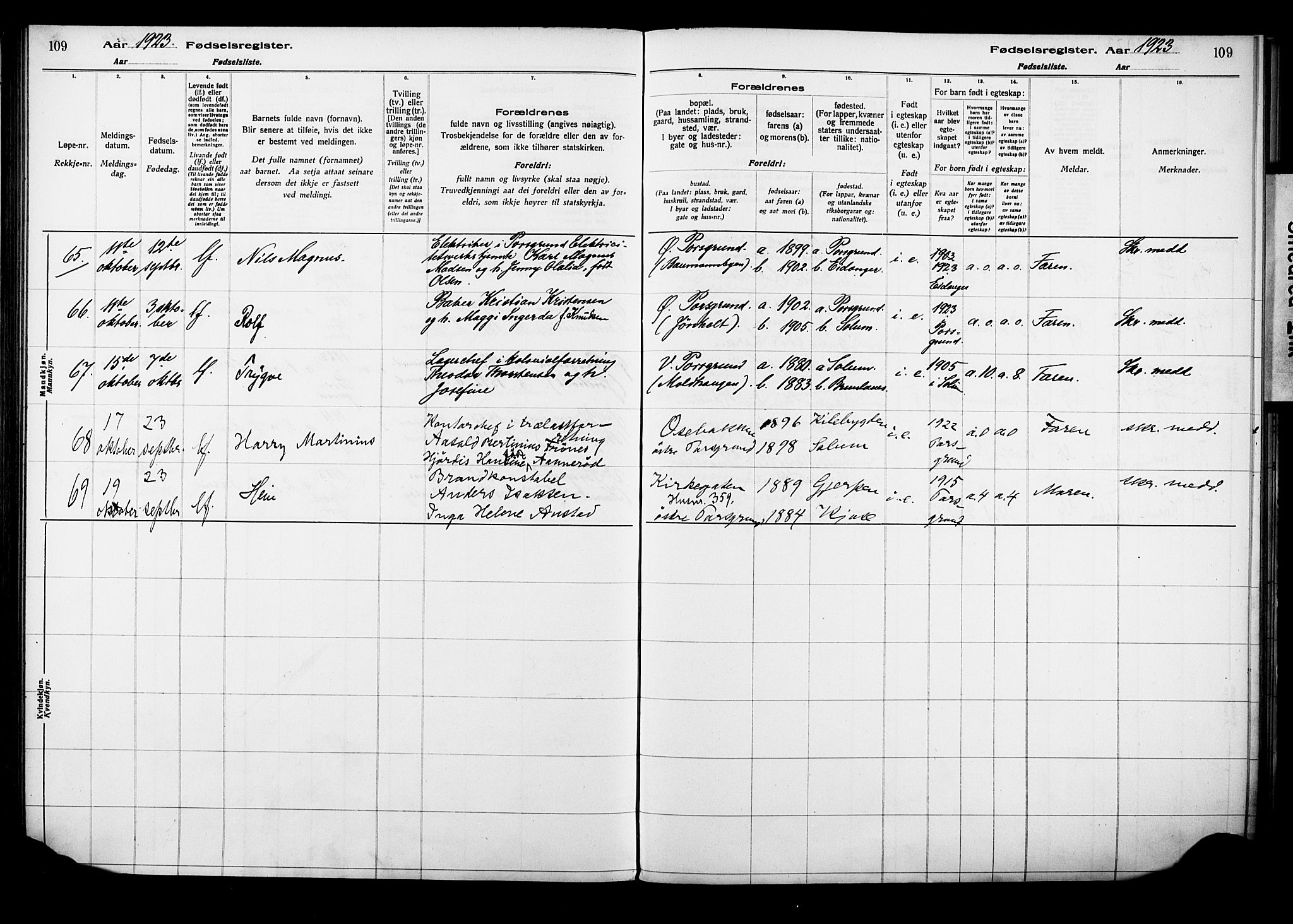 Porsgrunn kirkebøker , AV/SAKO-A-104/J/Ja/L0001: Fødselsregister nr. 1, 1916-1929, s. 109