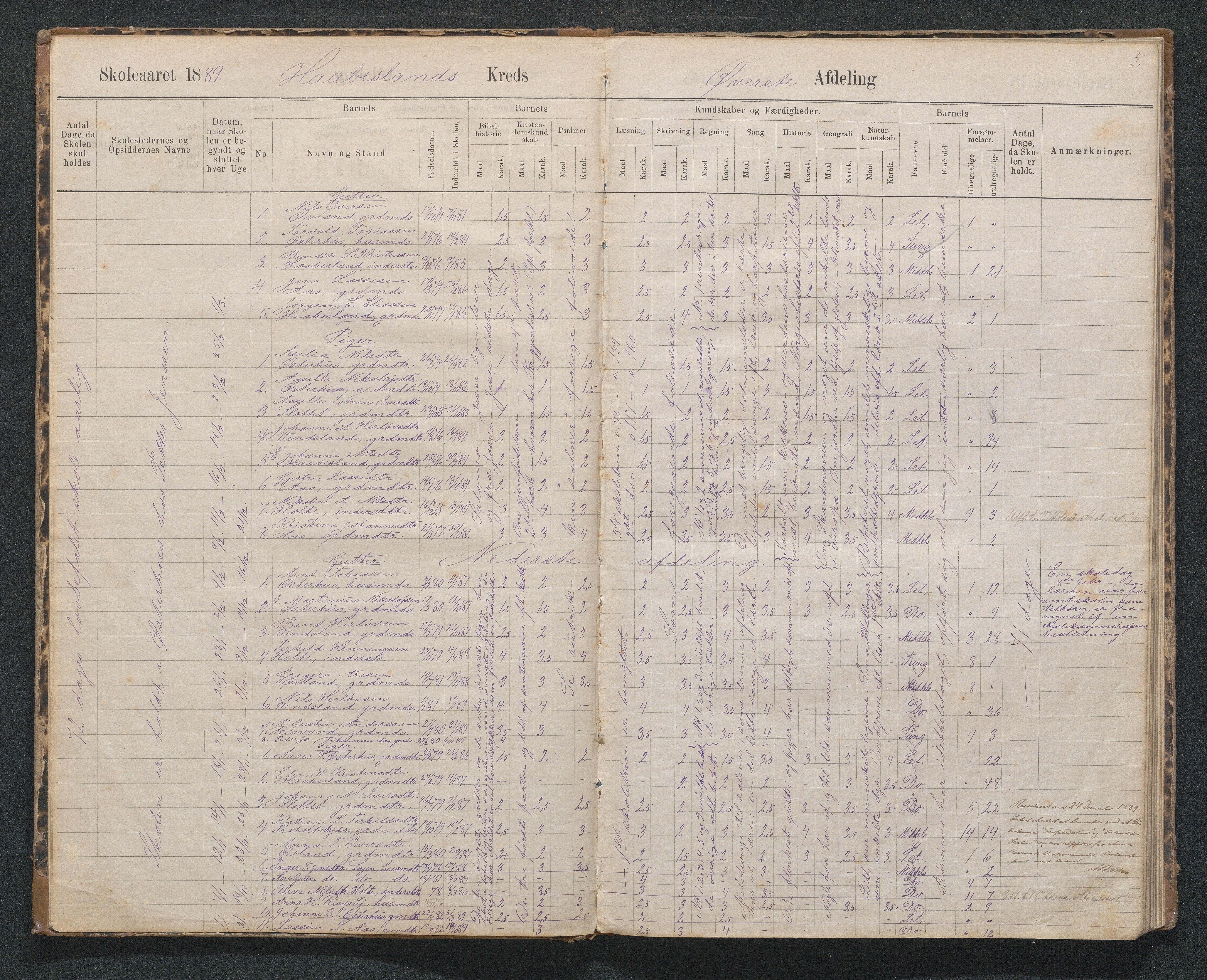 Birkenes kommune, Håbesland, Holte og Rislå skolekretser frem til 1991, AAKS/KA0928-550c_91/F02/L0002: Skoleprotokoll Håbesland, Holte og Rislå, 1888-1917, s. 5