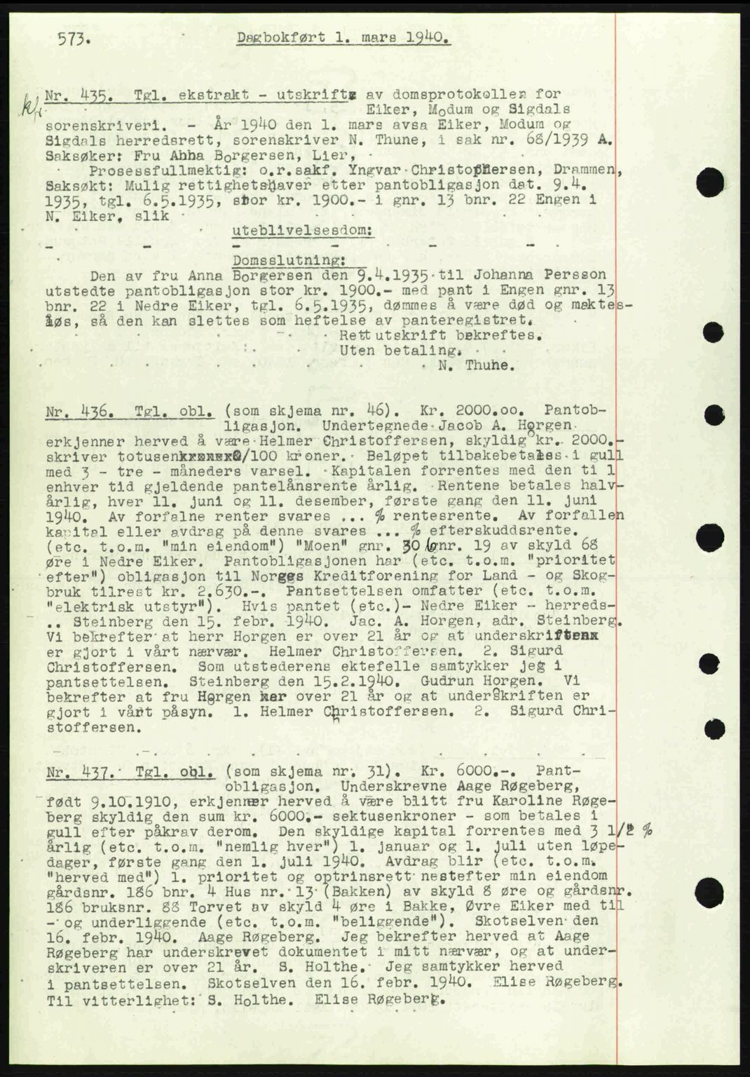 Eiker, Modum og Sigdal sorenskriveri, SAKO/A-123/G/Ga/Gab/L0041: Pantebok nr. A11, 1939-1940, Dagboknr: 435/1940