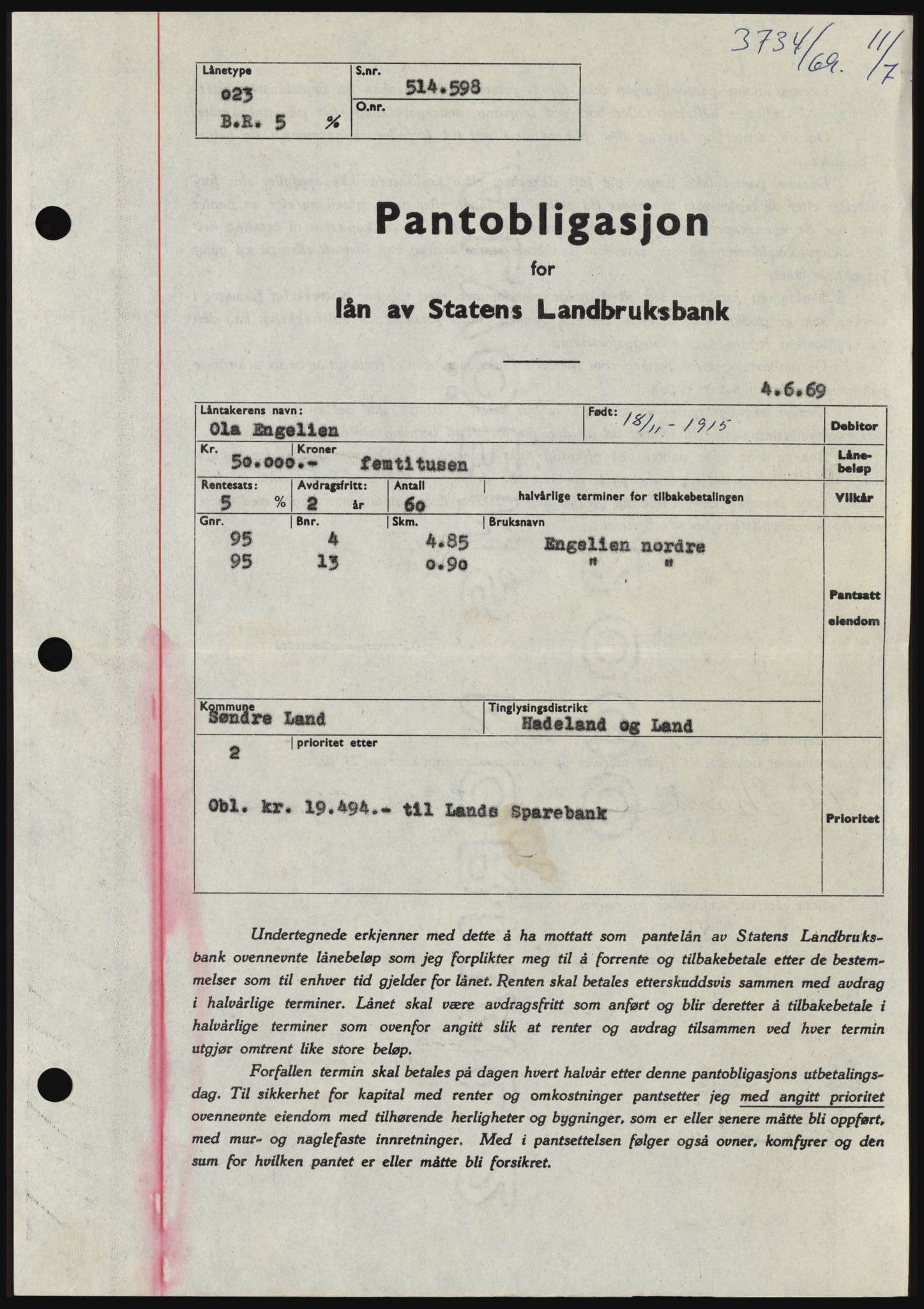 Hadeland og Land tingrett, SAH/TING-010/H/Hb/Hbc/L0074: Pantebok nr. B74, 1969-1969, Dagboknr: 3734/1969