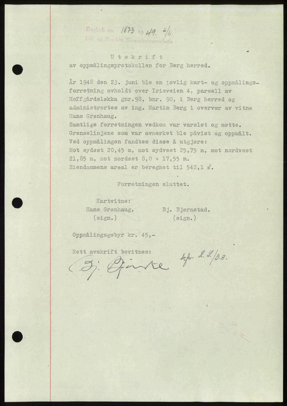 Idd og Marker sorenskriveri, AV/SAO-A-10283/G/Gb/Gbb/L0013: Pantebok nr. A13, 1949-1950, Dagboknr: 1873/1949