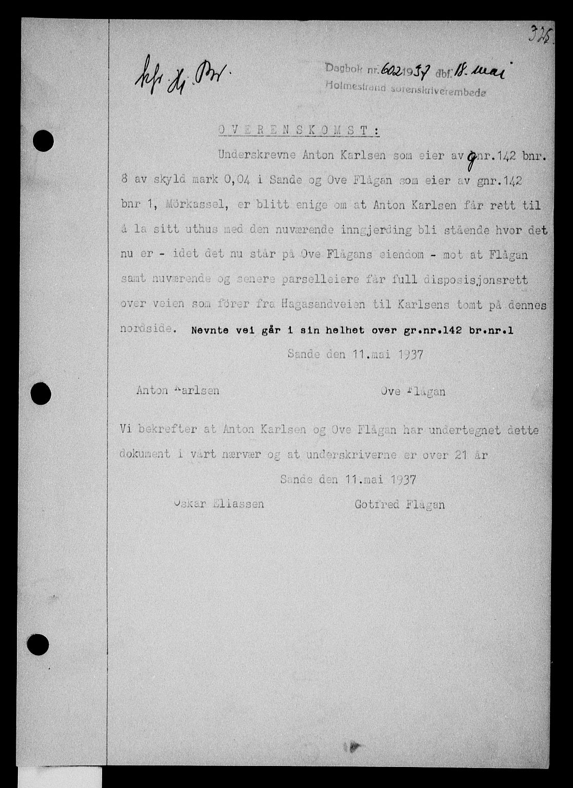 Holmestrand sorenskriveri, SAKO/A-67/G/Ga/Gaa/L0048: Pantebok nr. A-48, 1936-1937, Dagboknr: 602/1937