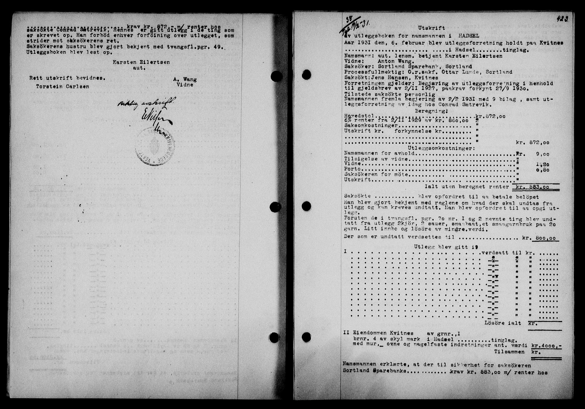 Vesterålen sorenskriveri, SAT/A-4180/1/2/2Ca/L0052: Pantebok nr. 45, 1930-1931, Tingl.dato: 19.02.1931