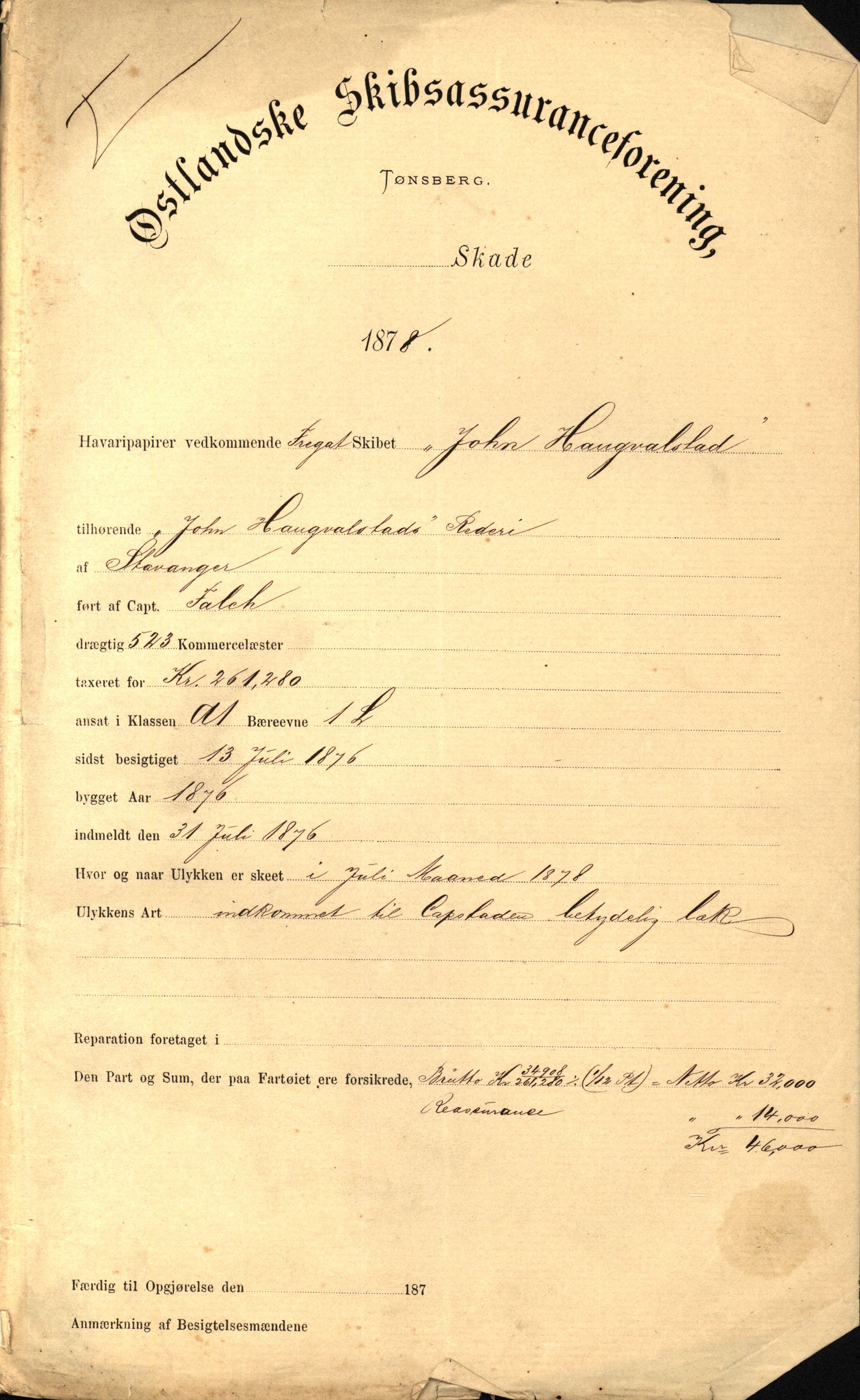 Pa 63 - Østlandske skibsassuranceforening, VEMU/A-1079/G/Ga/L0010/0004: Havaridokumenter / John Haugvalstad, 1878