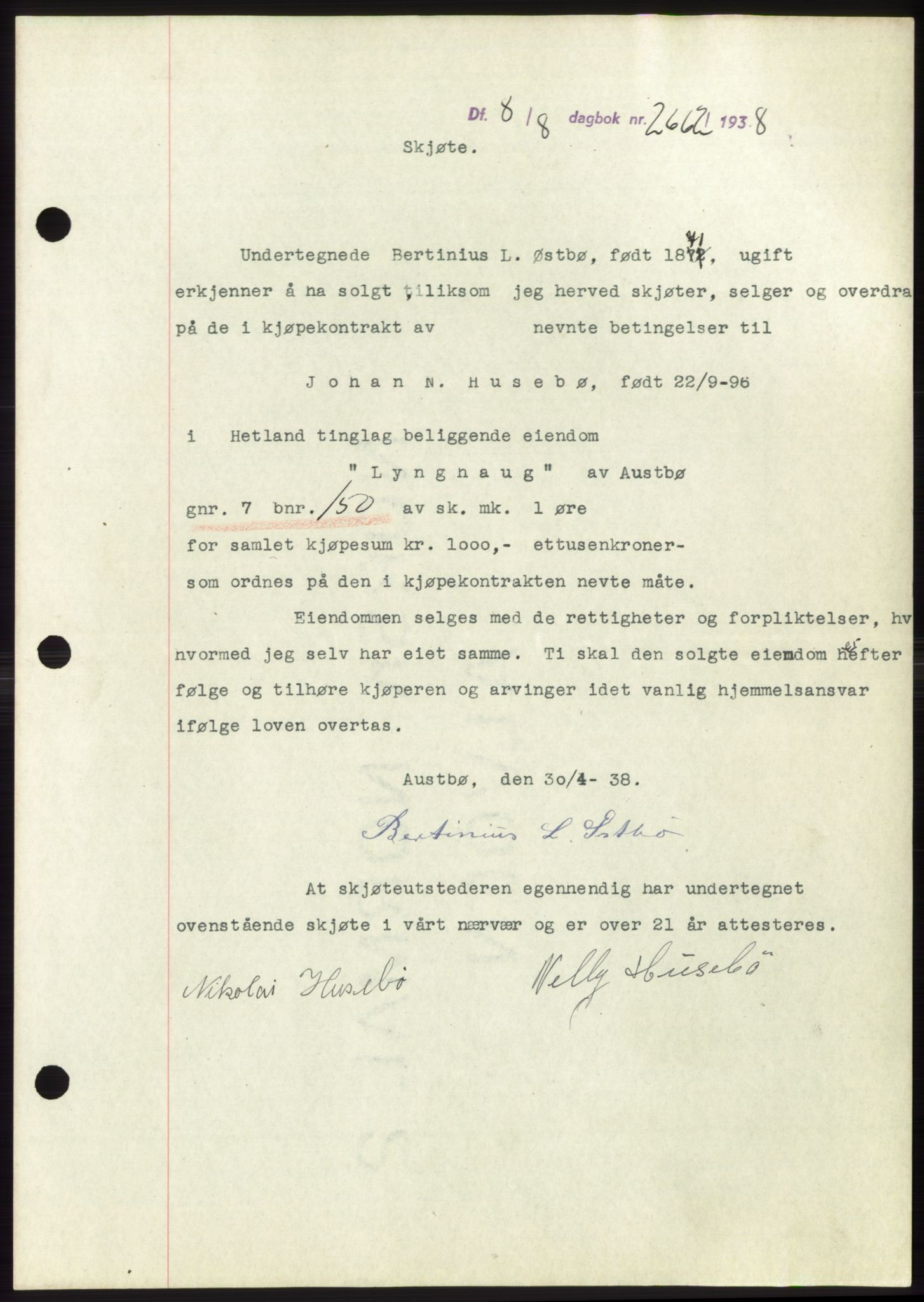 Jæren sorenskriveri, SAST/A-100310/03/G/Gba/L0071: Pantebok, 1938-1938, Dagboknr: 2662/1938