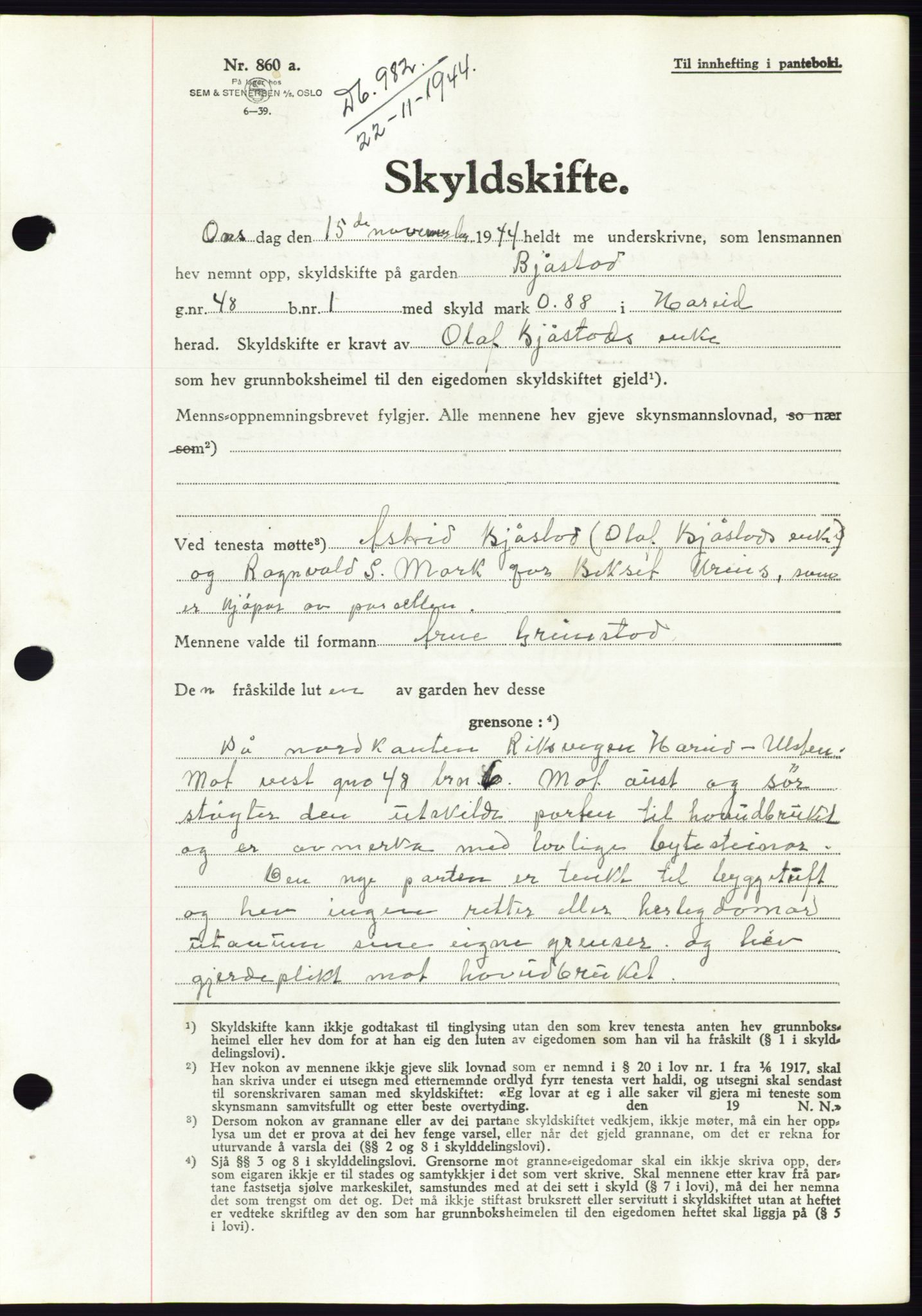 Søre Sunnmøre sorenskriveri, AV/SAT-A-4122/1/2/2C/L0076: Pantebok nr. 2A, 1943-1944, Dagboknr: 982/1944