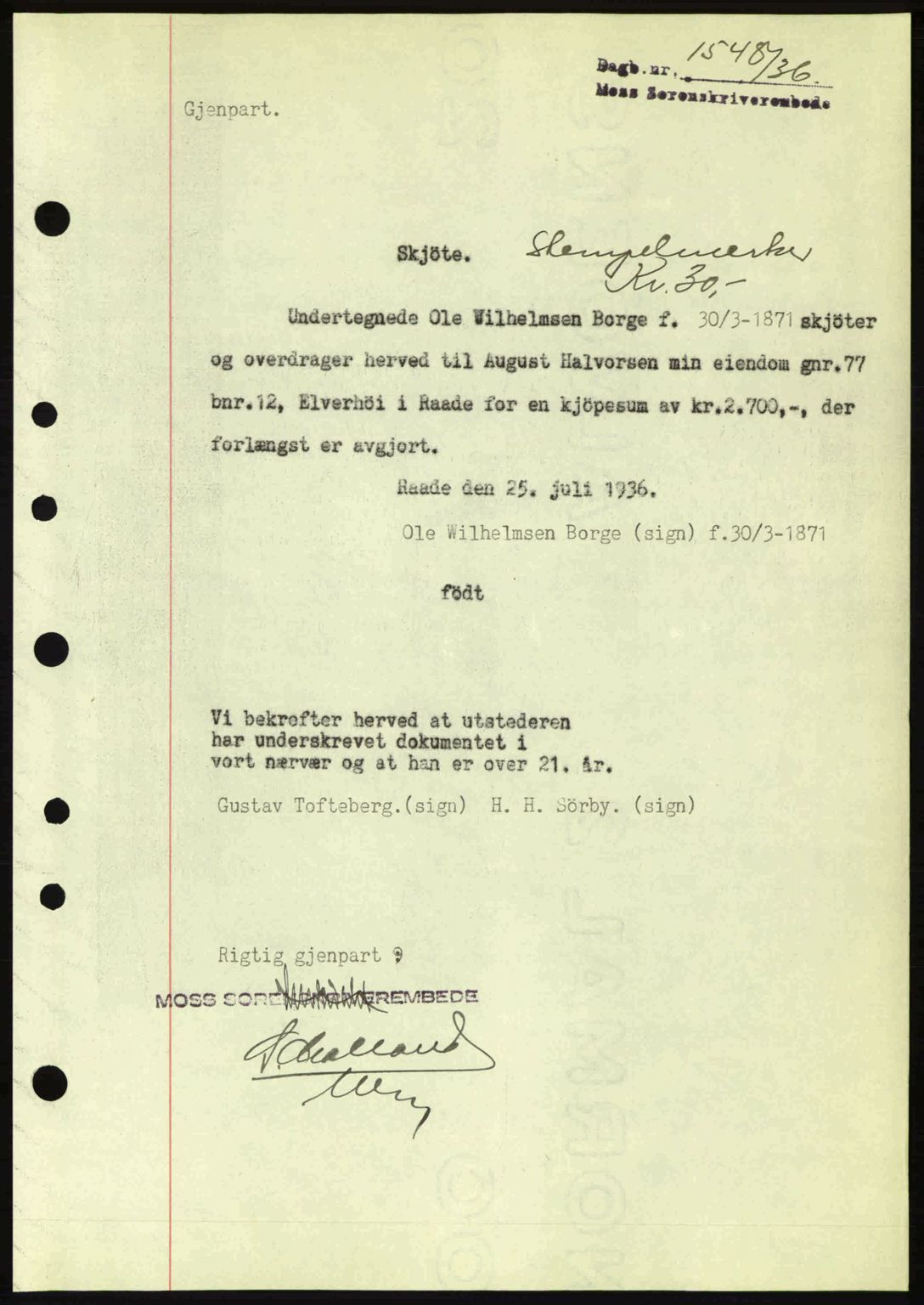 Moss sorenskriveri, SAO/A-10168: Pantebok nr. A1, 1936-1936, Dagboknr: 1548/1936
