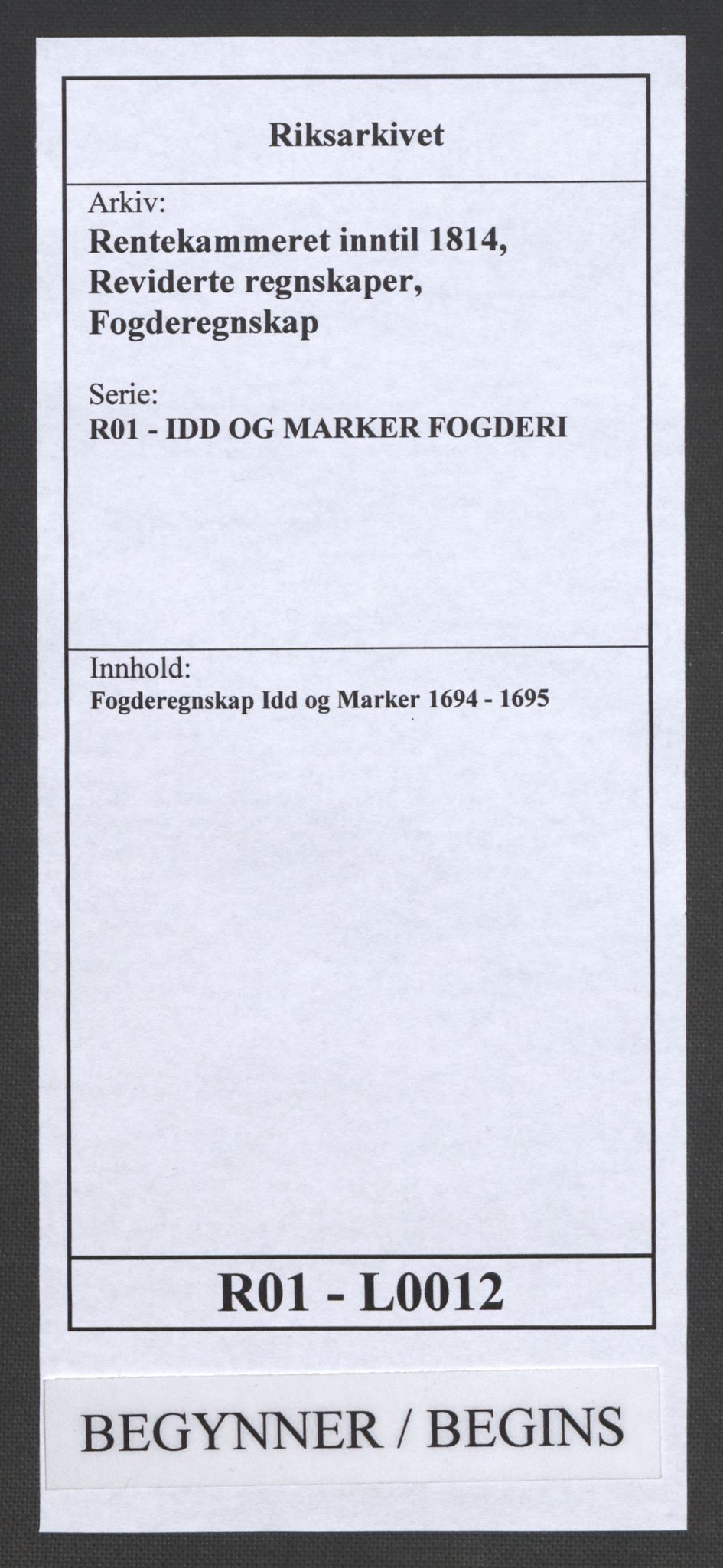 Rentekammeret inntil 1814, Reviderte regnskaper, Fogderegnskap, AV/RA-EA-4092/R01/L0012: Fogderegnskap Idd og Marker, 1694-1695, s. 1