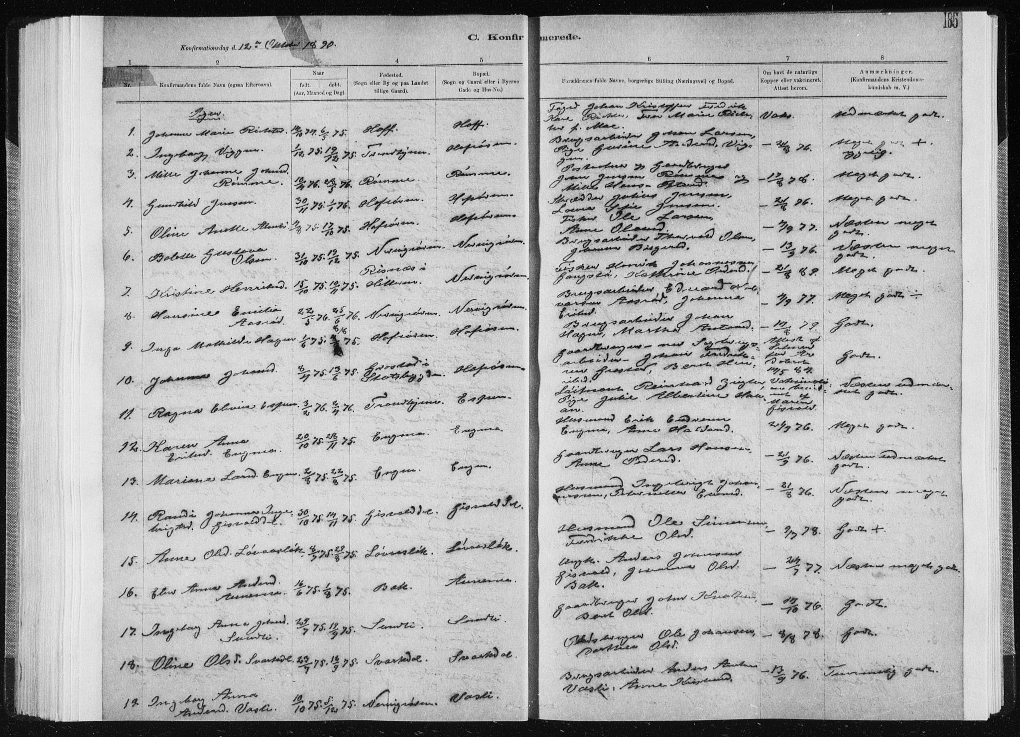 Ministerialprotokoller, klokkerbøker og fødselsregistre - Sør-Trøndelag, SAT/A-1456/668/L0818: Klokkerbok nr. 668C07, 1885-1898, s. 185