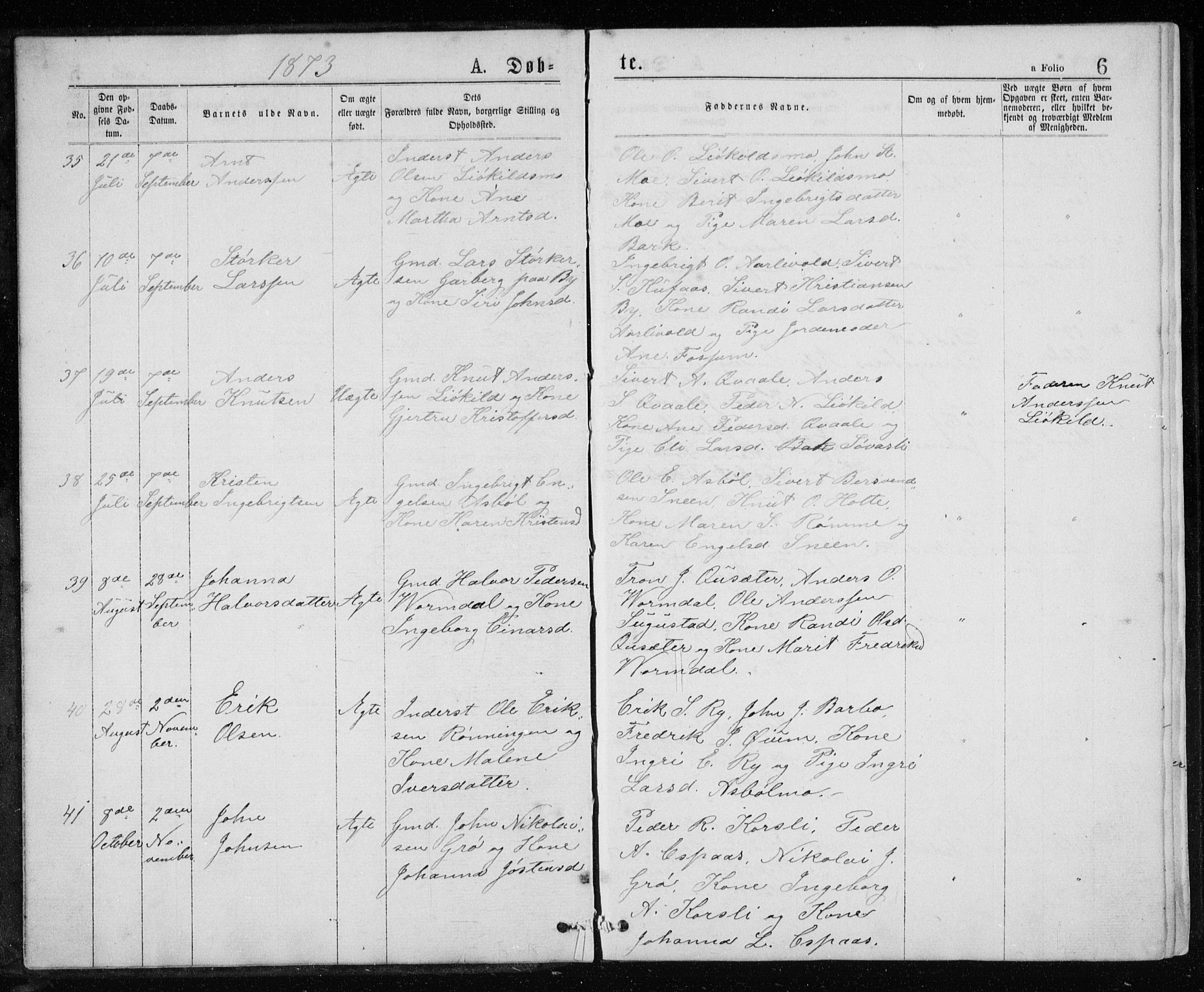Ministerialprotokoller, klokkerbøker og fødselsregistre - Sør-Trøndelag, SAT/A-1456/671/L0843: Klokkerbok nr. 671C02, 1873-1892, s. 6