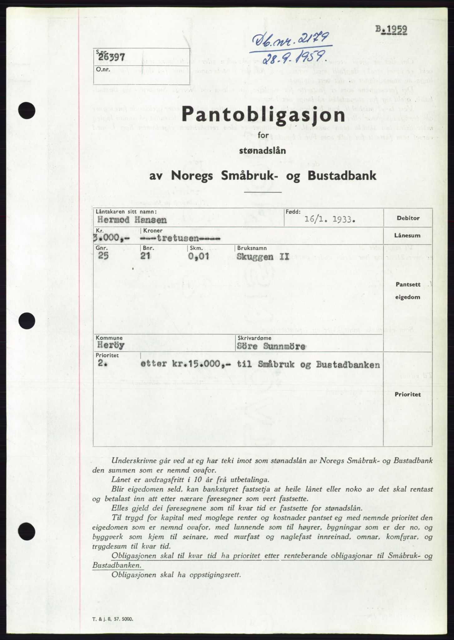 Søre Sunnmøre sorenskriveri, SAT/A-4122/1/2/2C/L0133: Pantebok nr. 21B, 1959-1959, Dagboknr: 2179/1959