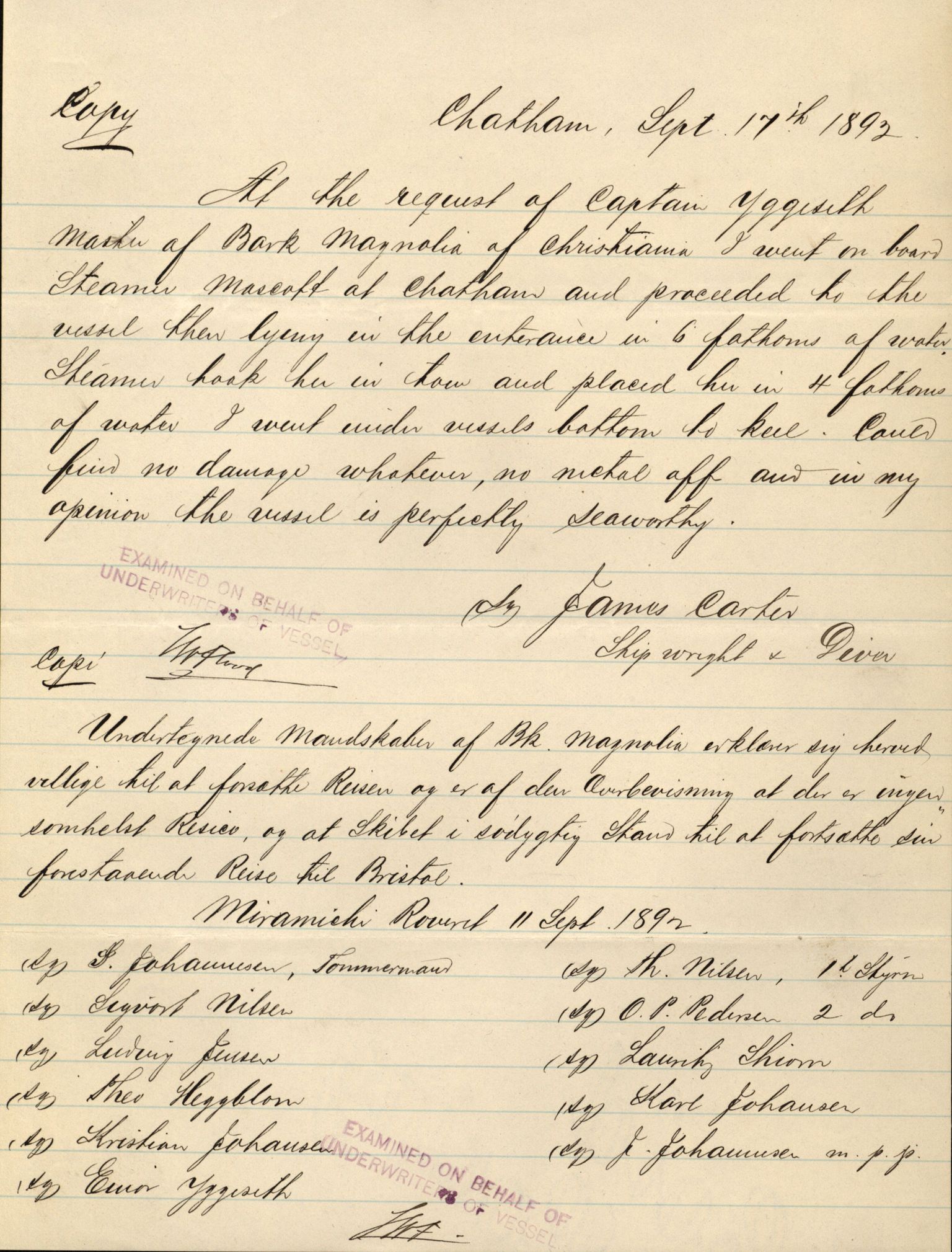 Pa 63 - Østlandske skibsassuranceforening, VEMU/A-1079/G/Ga/L0028/0003: Havaridokumenter / Minerva, Mathilde, Magnolia, Sir John Lawrence, 1892, s. 94