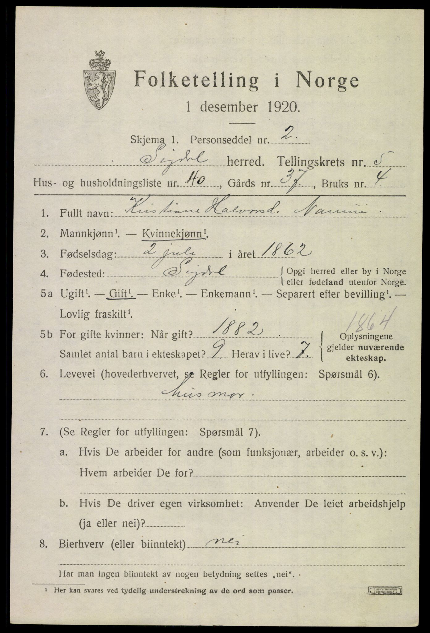 SAKO, Folketelling 1920 for 0621 Sigdal herred, 1920, s. 4234