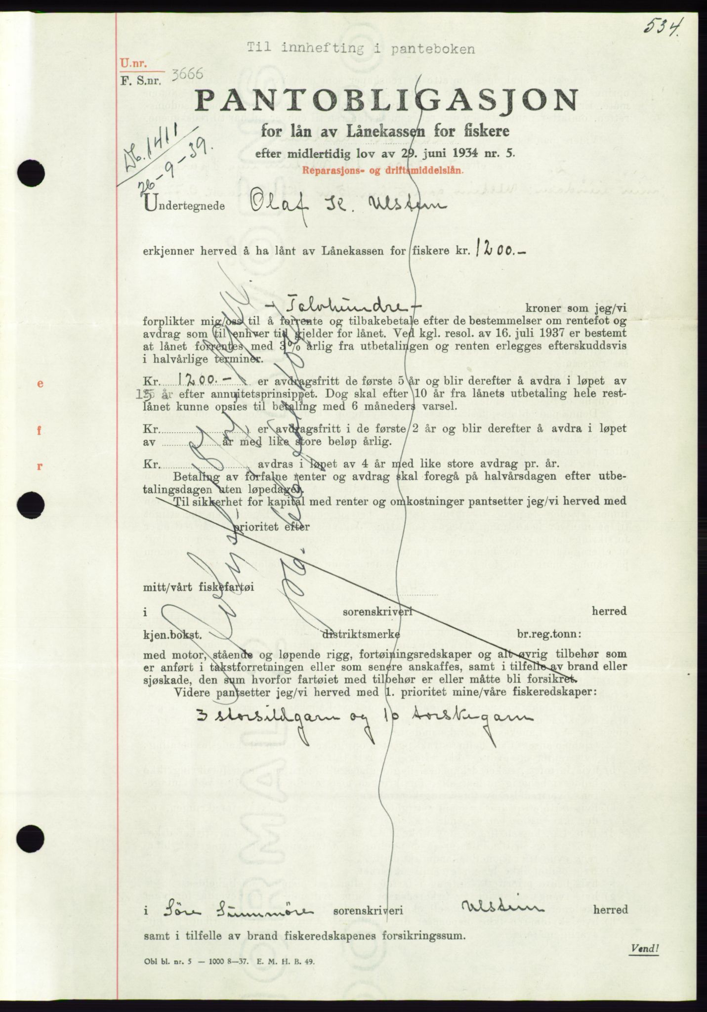 Søre Sunnmøre sorenskriveri, AV/SAT-A-4122/1/2/2C/L0068: Pantebok nr. 62, 1939-1939, Dagboknr: 1411/1939