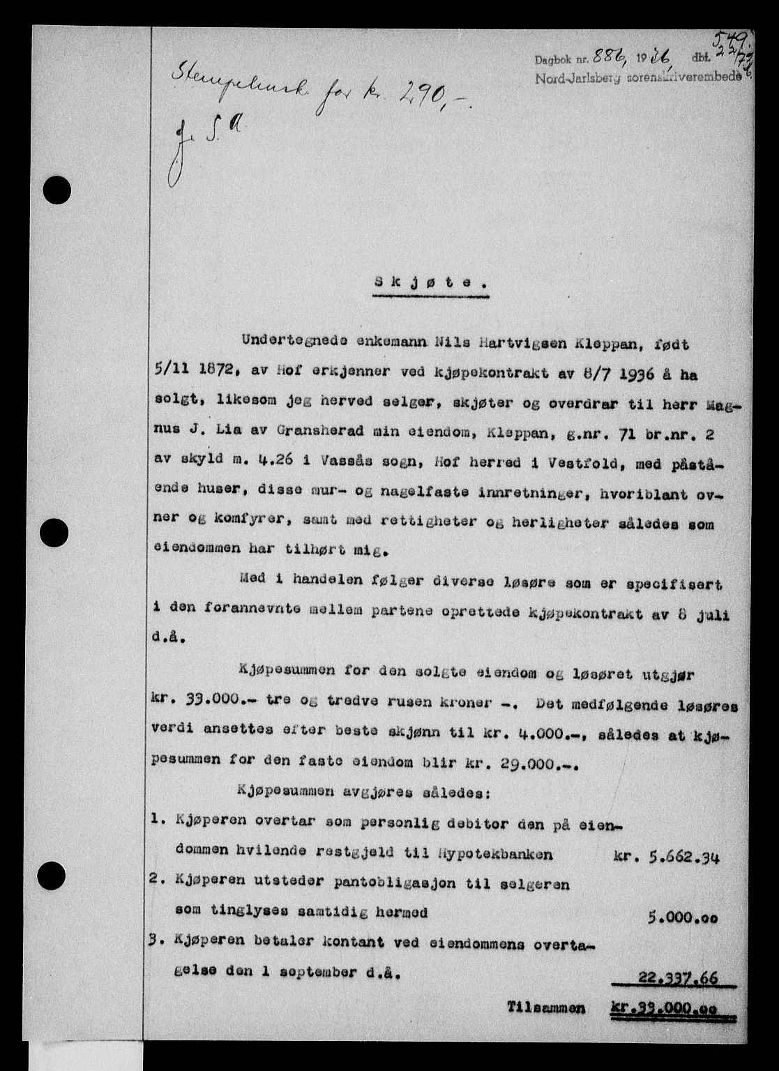 Holmestrand sorenskriveri, SAKO/A-67/G/Ga/Gaa/L0047: Pantebok nr. A-47, 1936-1936, Dagboknr: 886/1936
