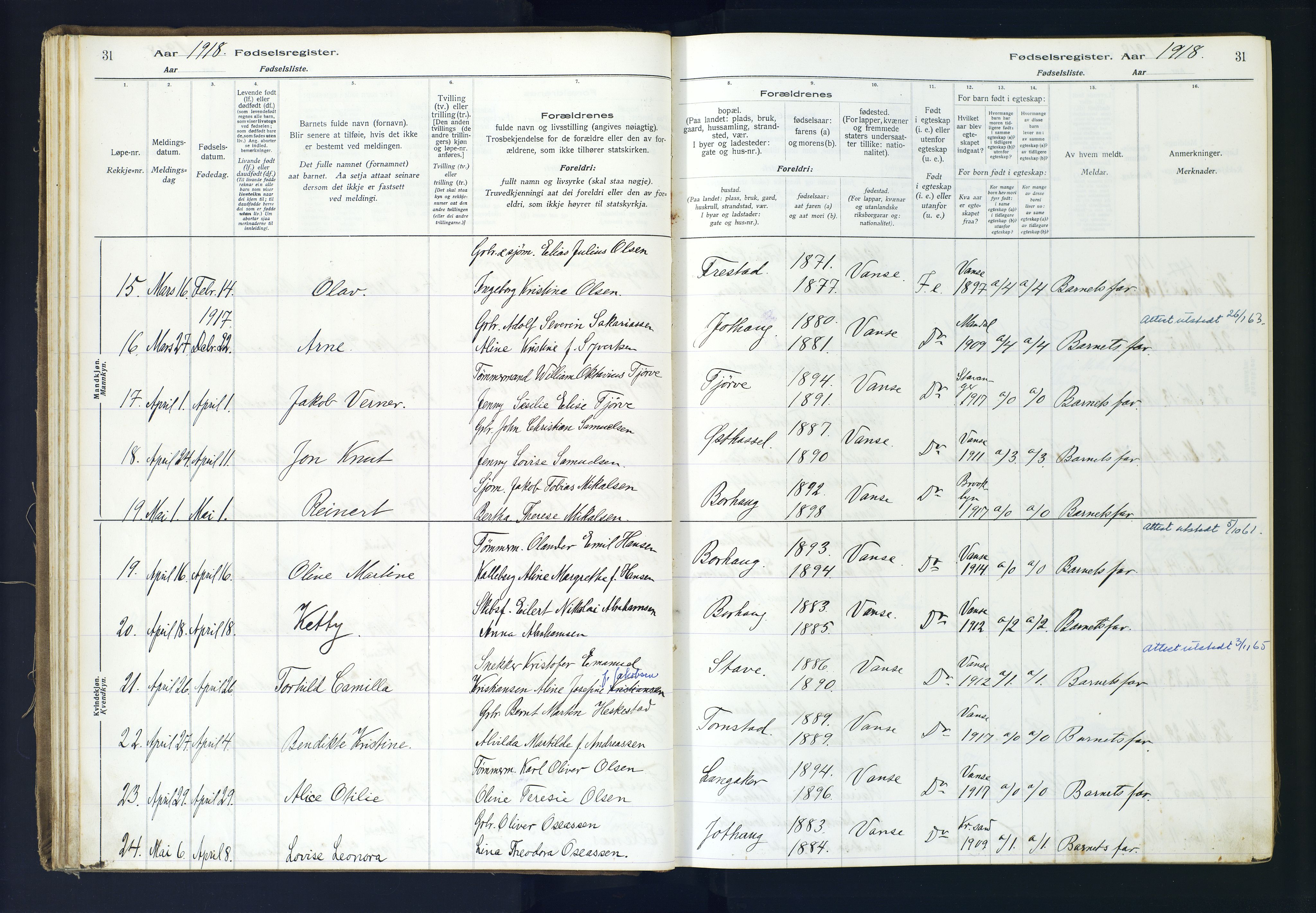 Lista sokneprestkontor, AV/SAK-1111-0027/J/Ja/L0001: Fødselsregister nr. A-VI-30, 1916-1934, s. 31