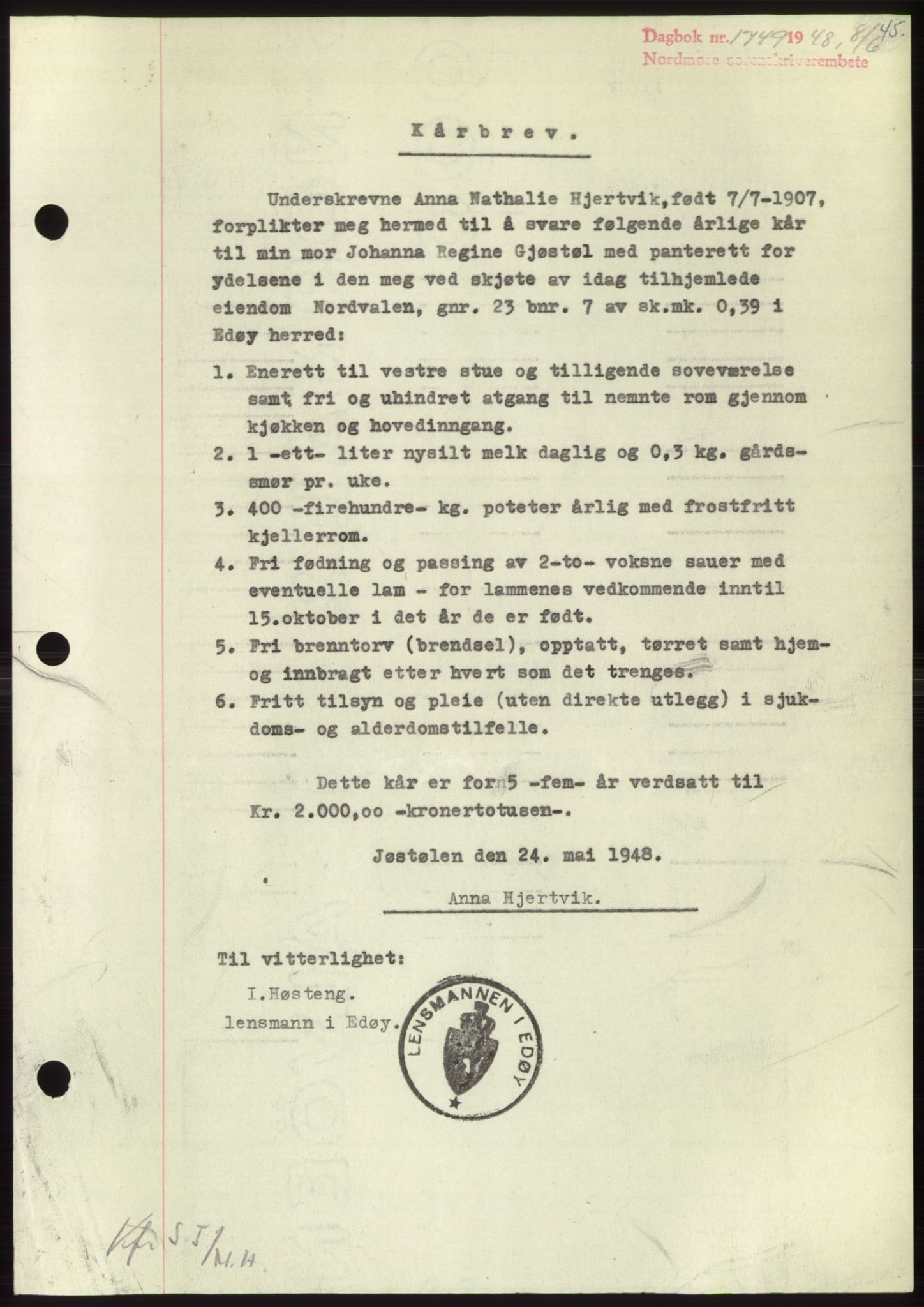 Nordmøre sorenskriveri, SAT/A-4132/1/2/2Ca: Pantebok nr. B99, 1948-1948, Dagboknr: 1749/1948