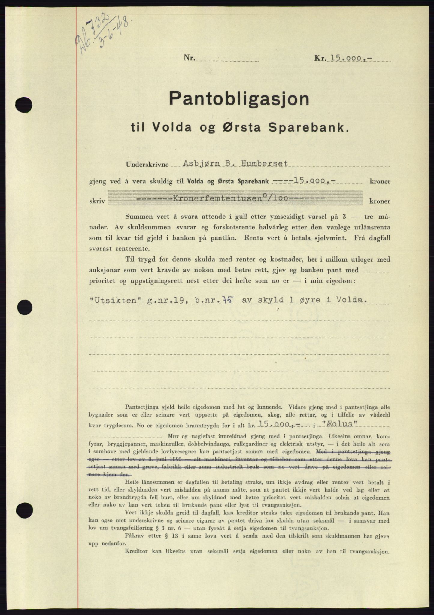 Søre Sunnmøre sorenskriveri, AV/SAT-A-4122/1/2/2C/L0116: Pantebok nr. 4B, 1948-1949, Dagboknr: 732/1948