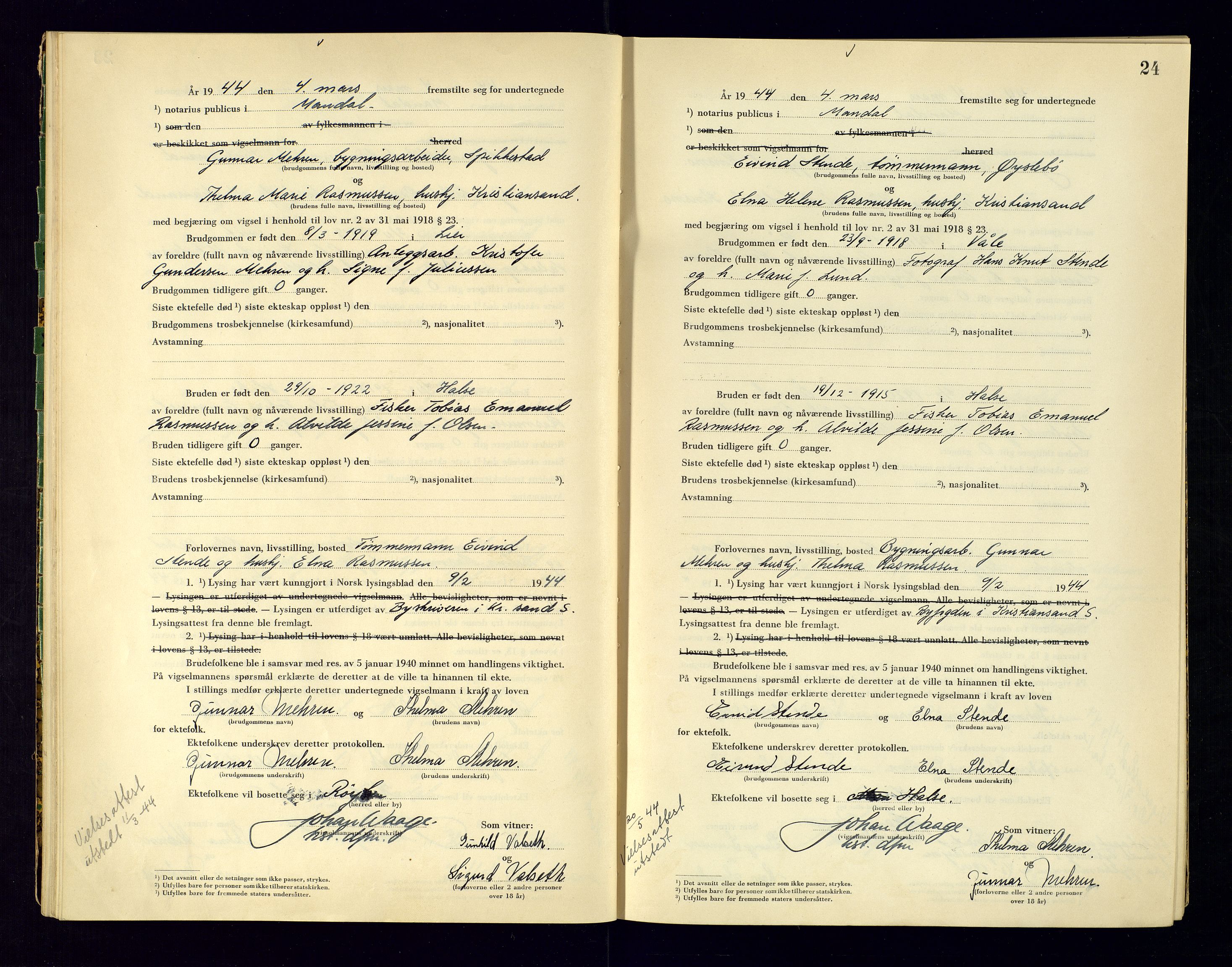 Mandal sorenskriveri, SAK/1221-0005/001/L/Ld/L0002: Vigselbok nr 2, 1943-1945, s. 24