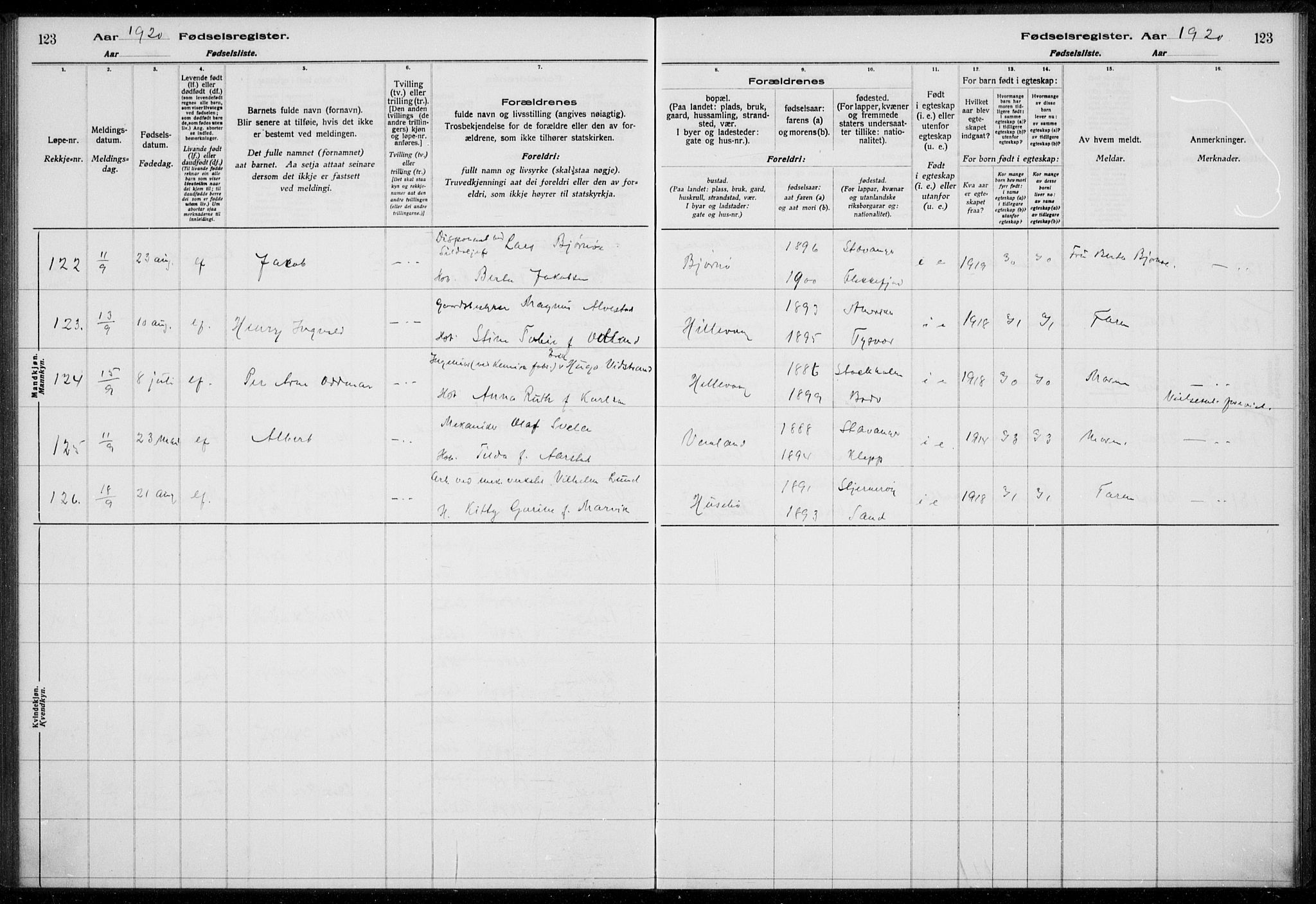 Hetland sokneprestkontor, AV/SAST-A-101826/70/704BA/L0003: Fødselsregister nr. 1, 1916-1923, s. 123