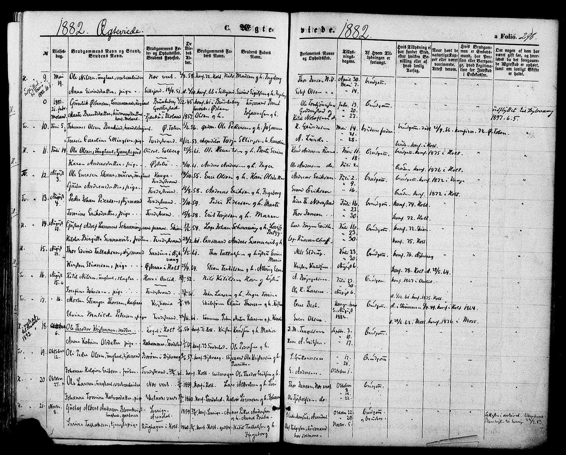 Holt sokneprestkontor, AV/SAK-1111-0021/F/Fa/L0010: Ministerialbok nr. A 10, 1872-1885, s. 298