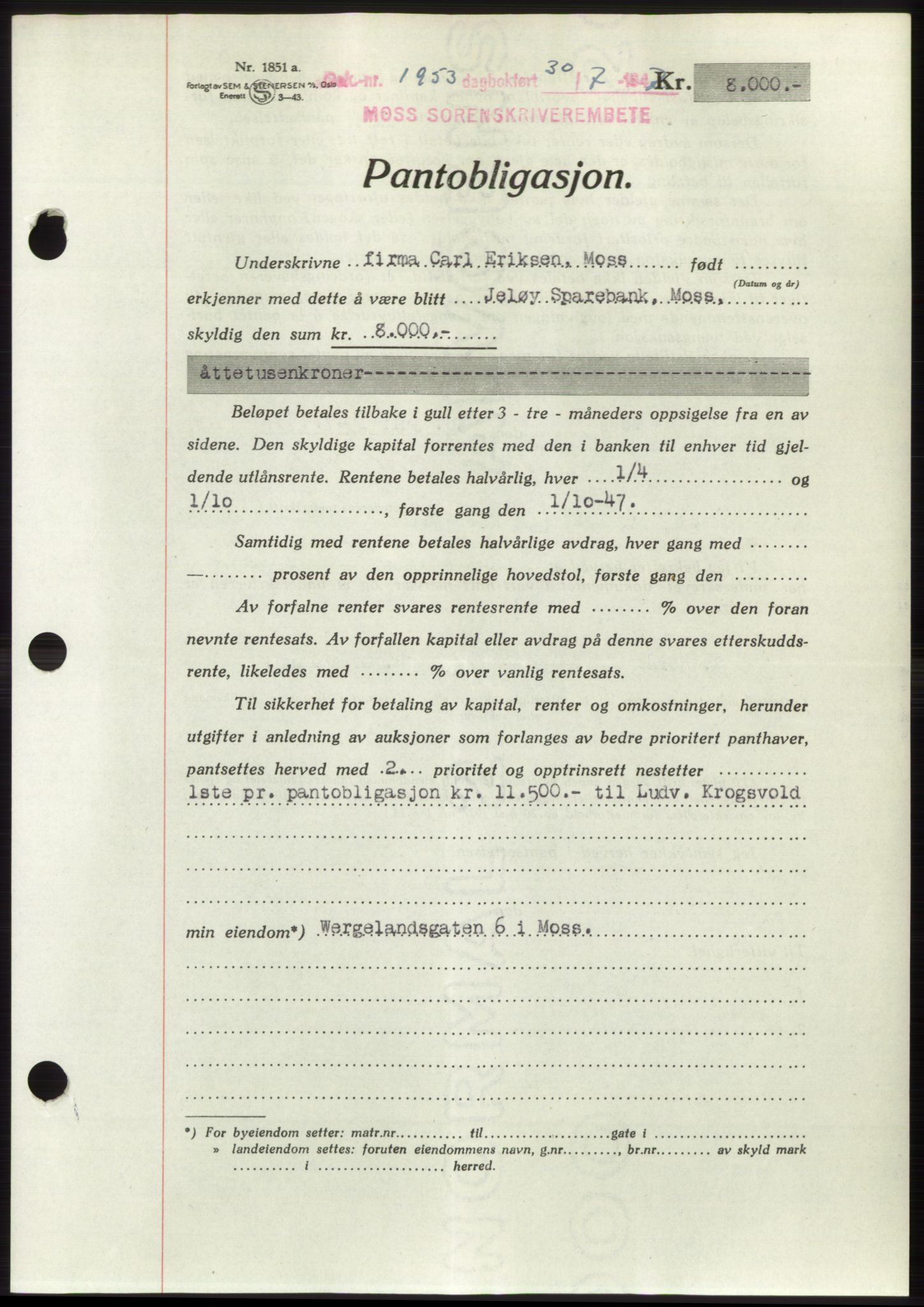 Moss sorenskriveri, SAO/A-10168: Pantebok nr. B17, 1947-1947, Dagboknr: 1953/1947