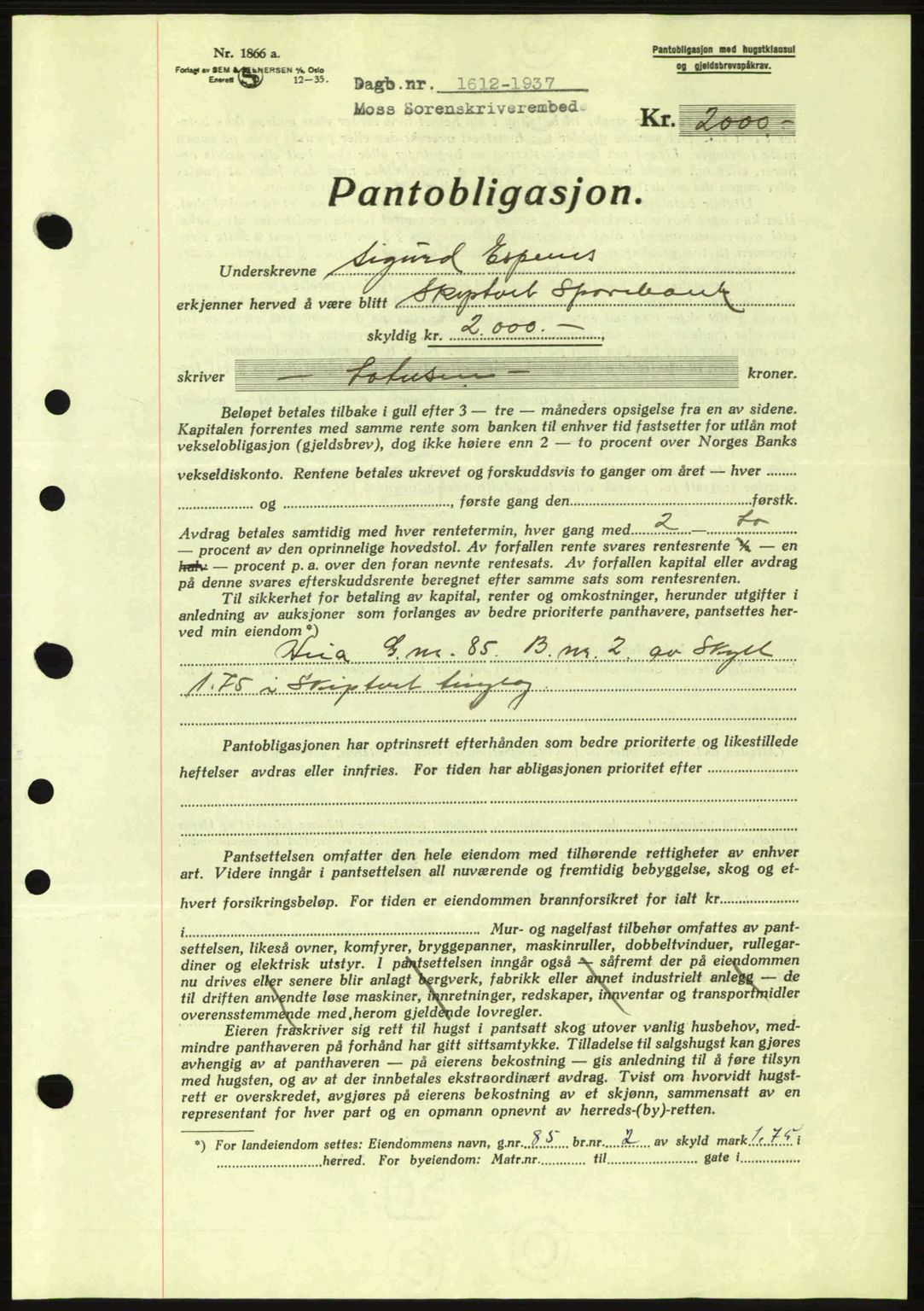 Moss sorenskriveri, SAO/A-10168: Pantebok nr. B4, 1937-1938, Dagboknr: 1612/1937
