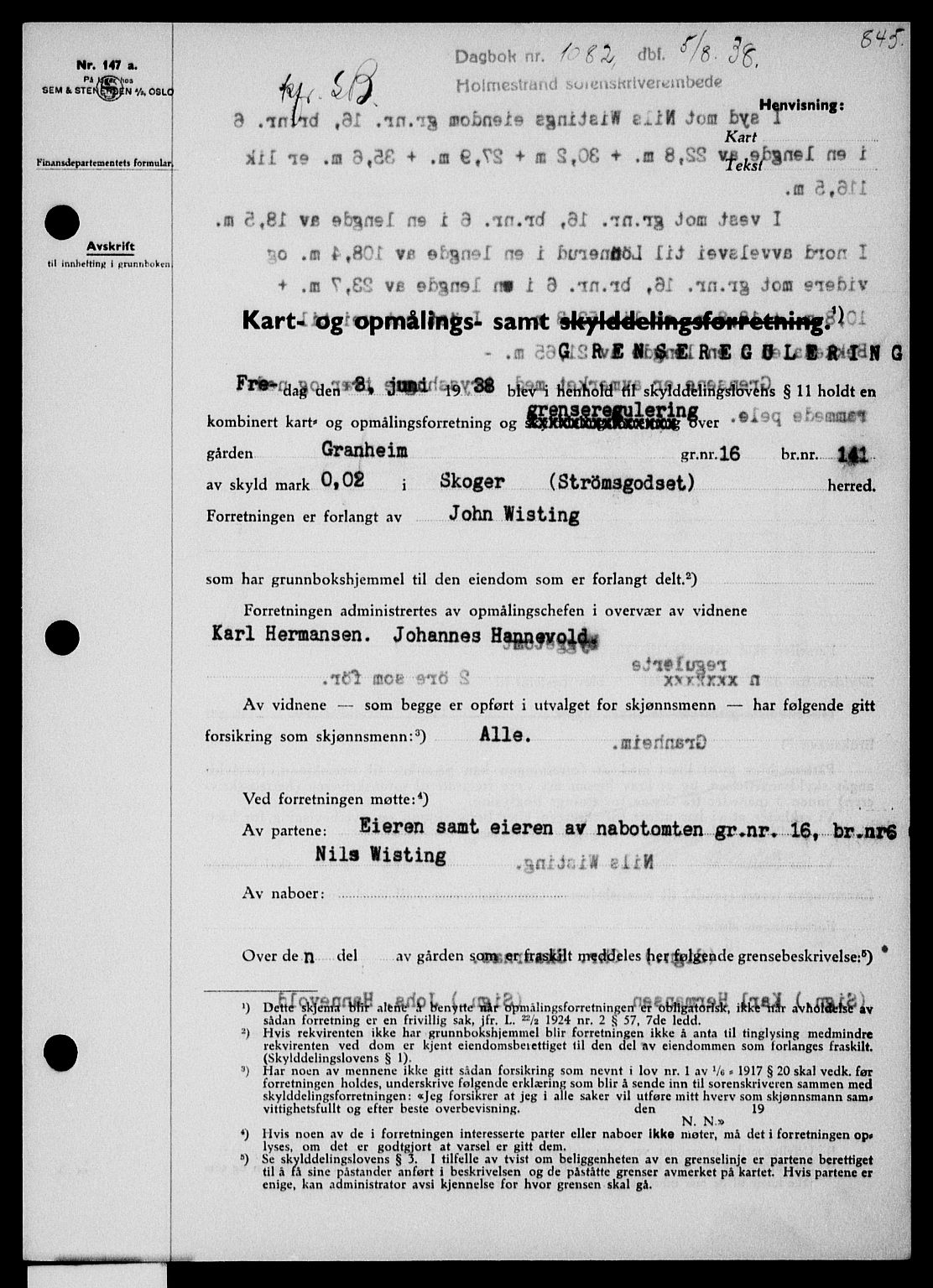 Holmestrand sorenskriveri, SAKO/A-67/G/Ga/Gaa/L0049: Pantebok nr. A-49, 1937-1938, Dagboknr: 1082/1938