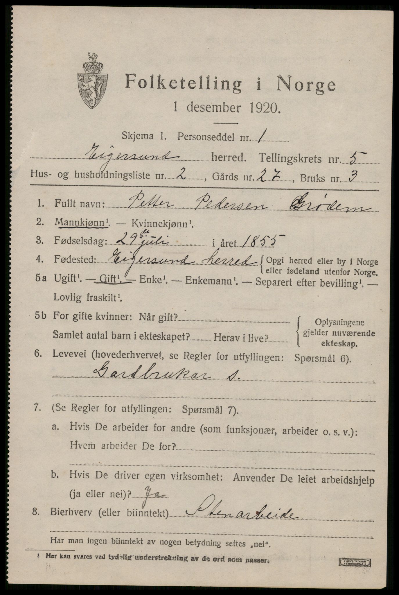 SAST, Folketelling 1920 for 1116 Eigersund herred, 1920, s. 3607