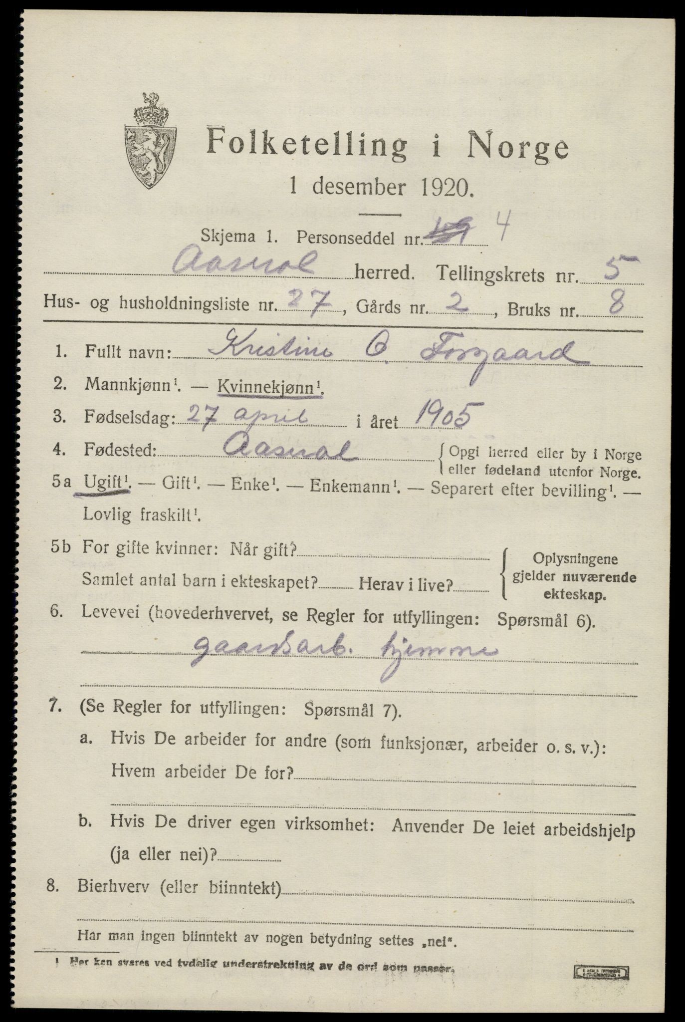 SAK, Folketelling 1920 for 1026 Åseral herred, 1920, s. 1780