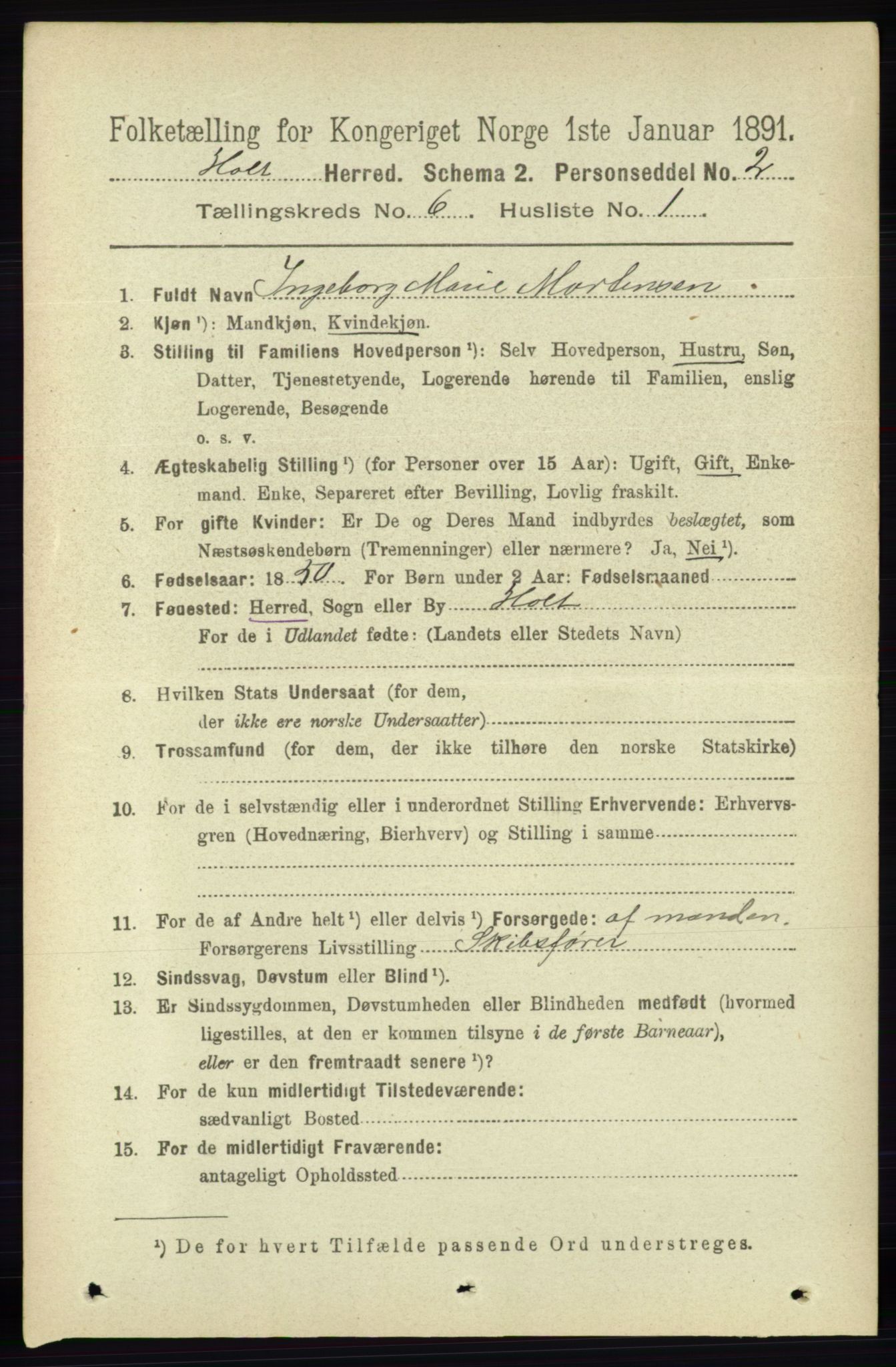 RA, Folketelling 1891 for 0914 Holt herred, 1891, s. 2998