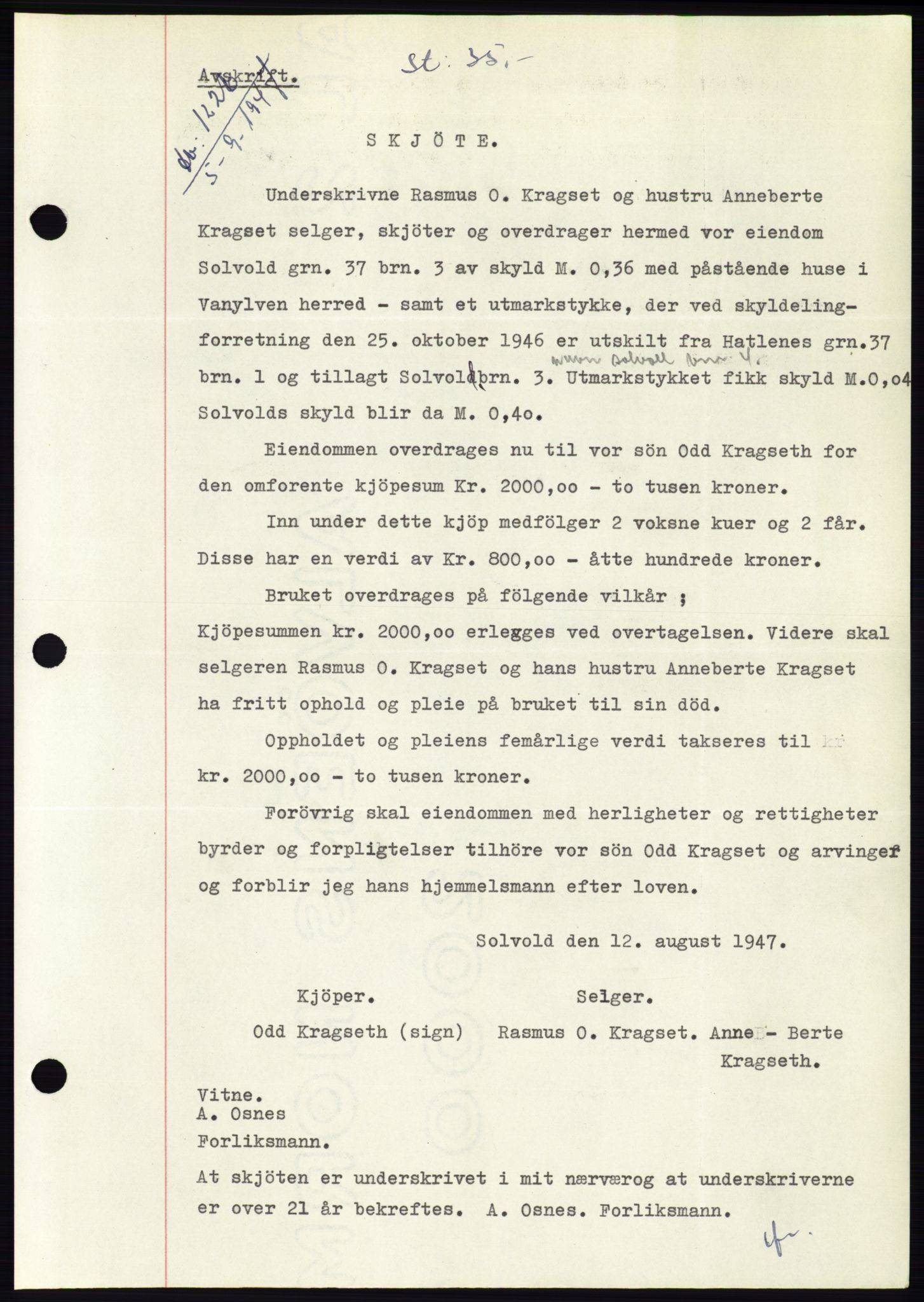 Søre Sunnmøre sorenskriveri, SAT/A-4122/1/2/2C/L0081: Pantebok nr. 7A, 1947-1948, Dagboknr: 1226/1947