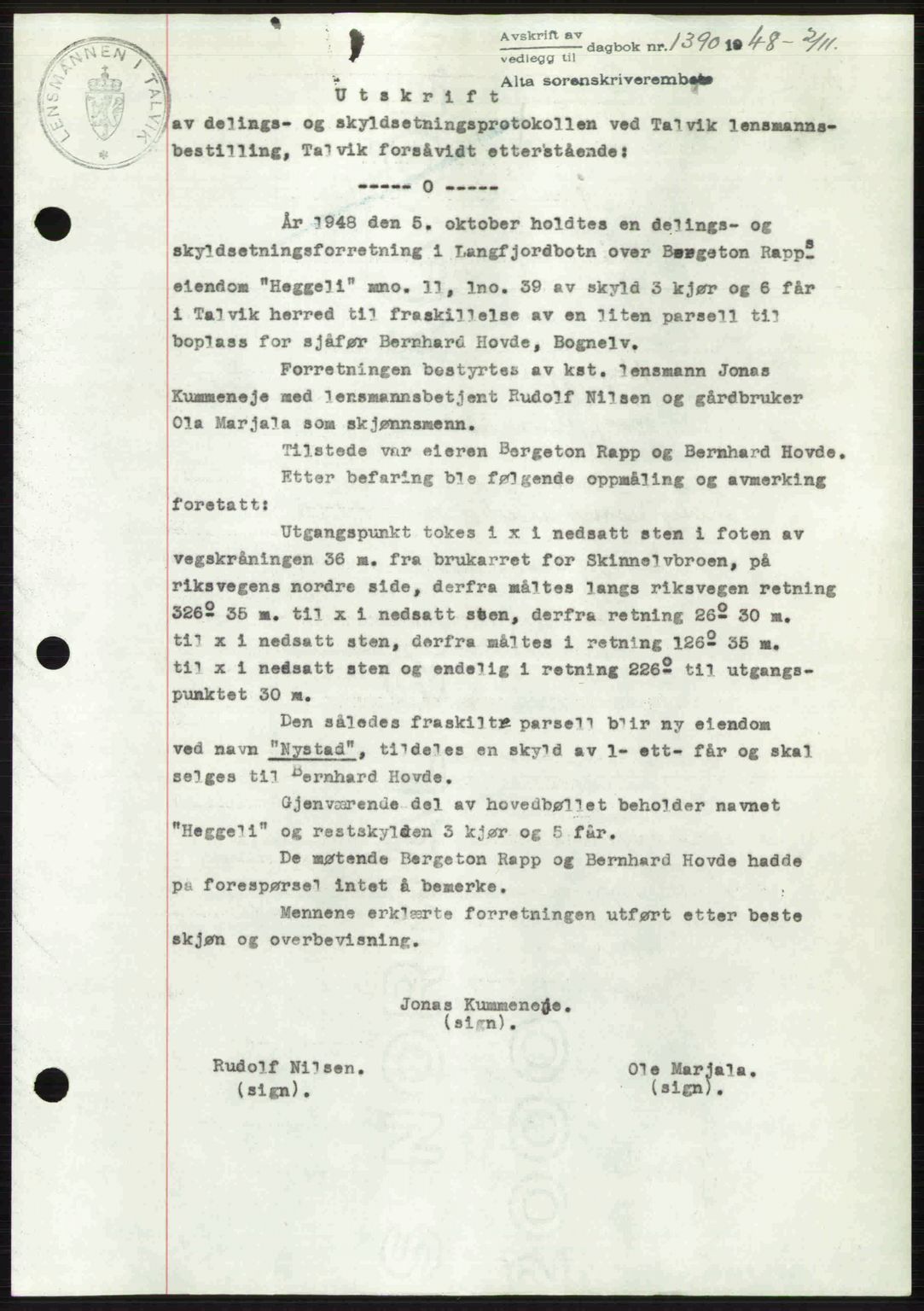 Alta fogderi/sorenskriveri, SATØ/SATØ-5/1/K/Kd/L0037pantebok: Pantebok nr. 39-40, 1948-1949, Dagboknr: 1390/1948