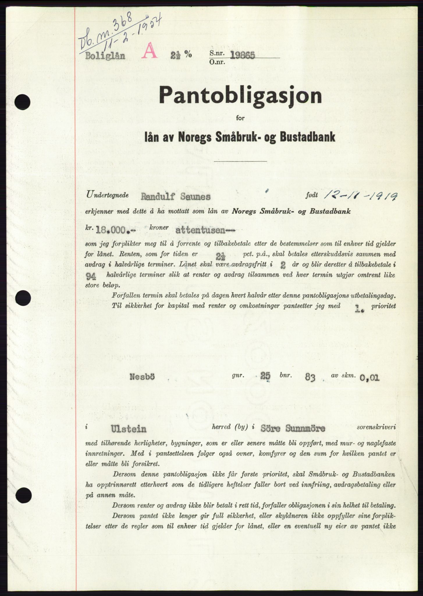 Søre Sunnmøre sorenskriveri, SAT/A-4122/1/2/2C/L0124: Pantebok nr. 12B, 1953-1954, Dagboknr: 368/1954