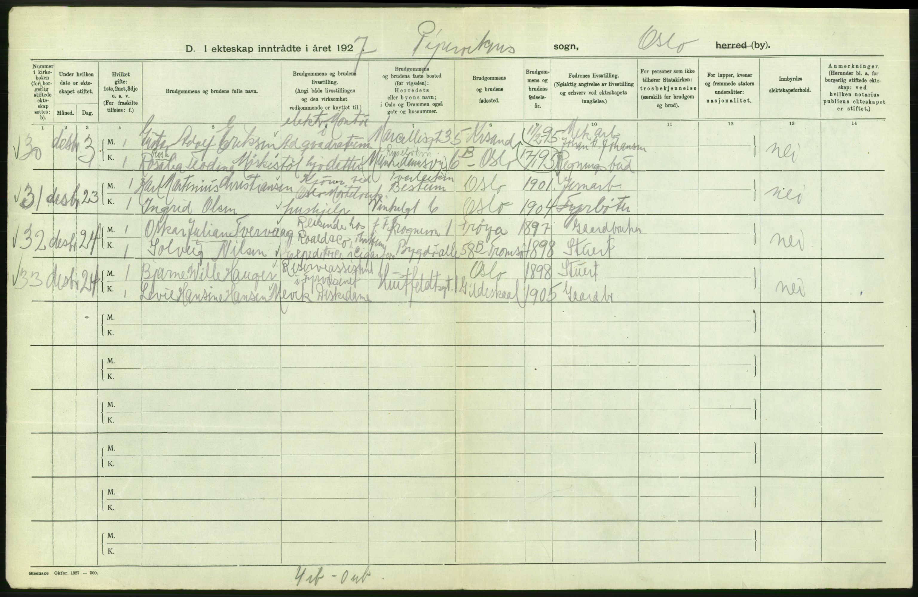 Statistisk sentralbyrå, Sosiodemografiske emner, Befolkning, AV/RA-S-2228/D/Df/Dfc/Dfcg/L0008: Oslo: Gifte, 1927, s. 740