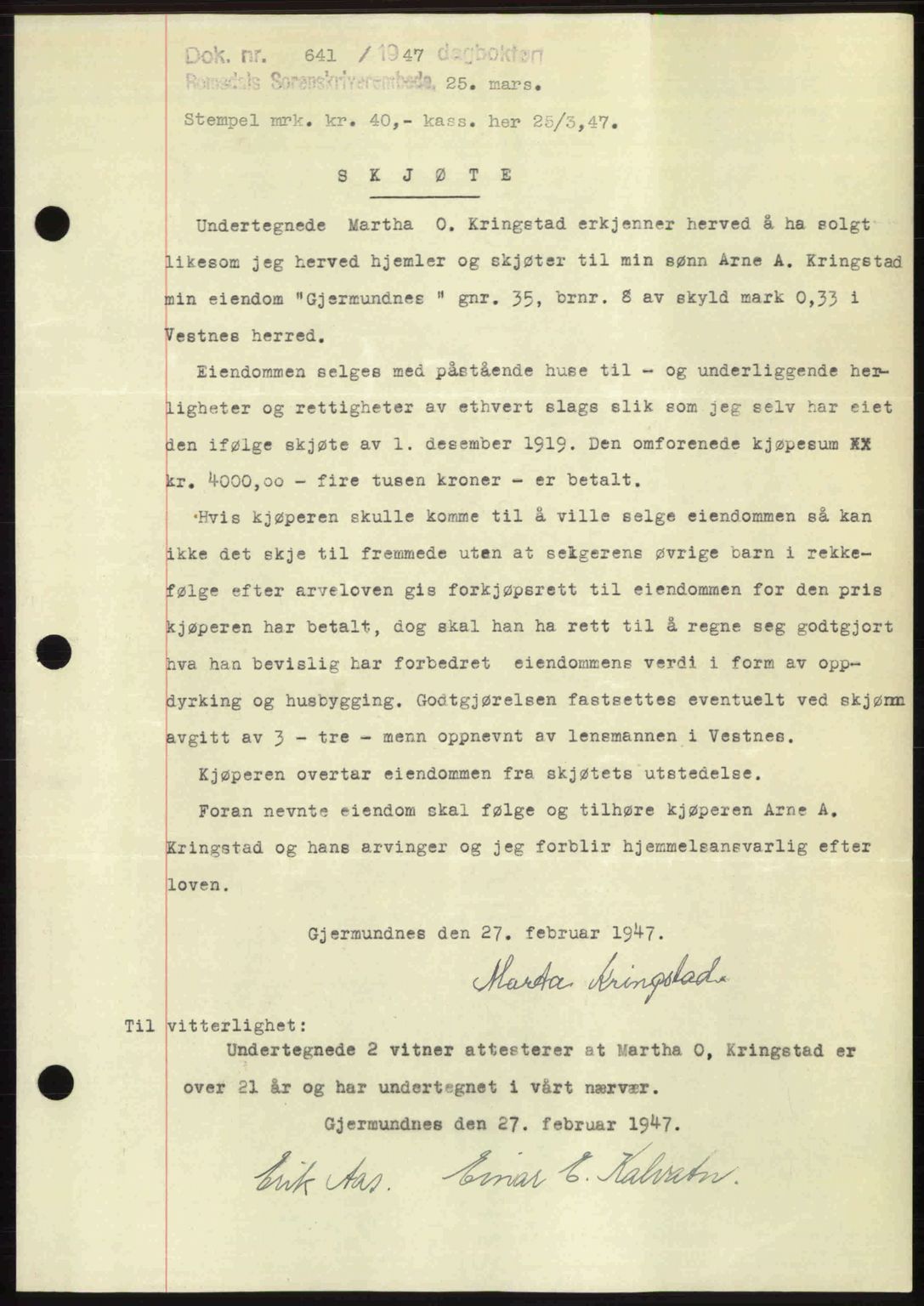 Romsdal sorenskriveri, SAT/A-4149/1/2/2C: Pantebok nr. A22, 1947-1947, Dagboknr: 641/1947