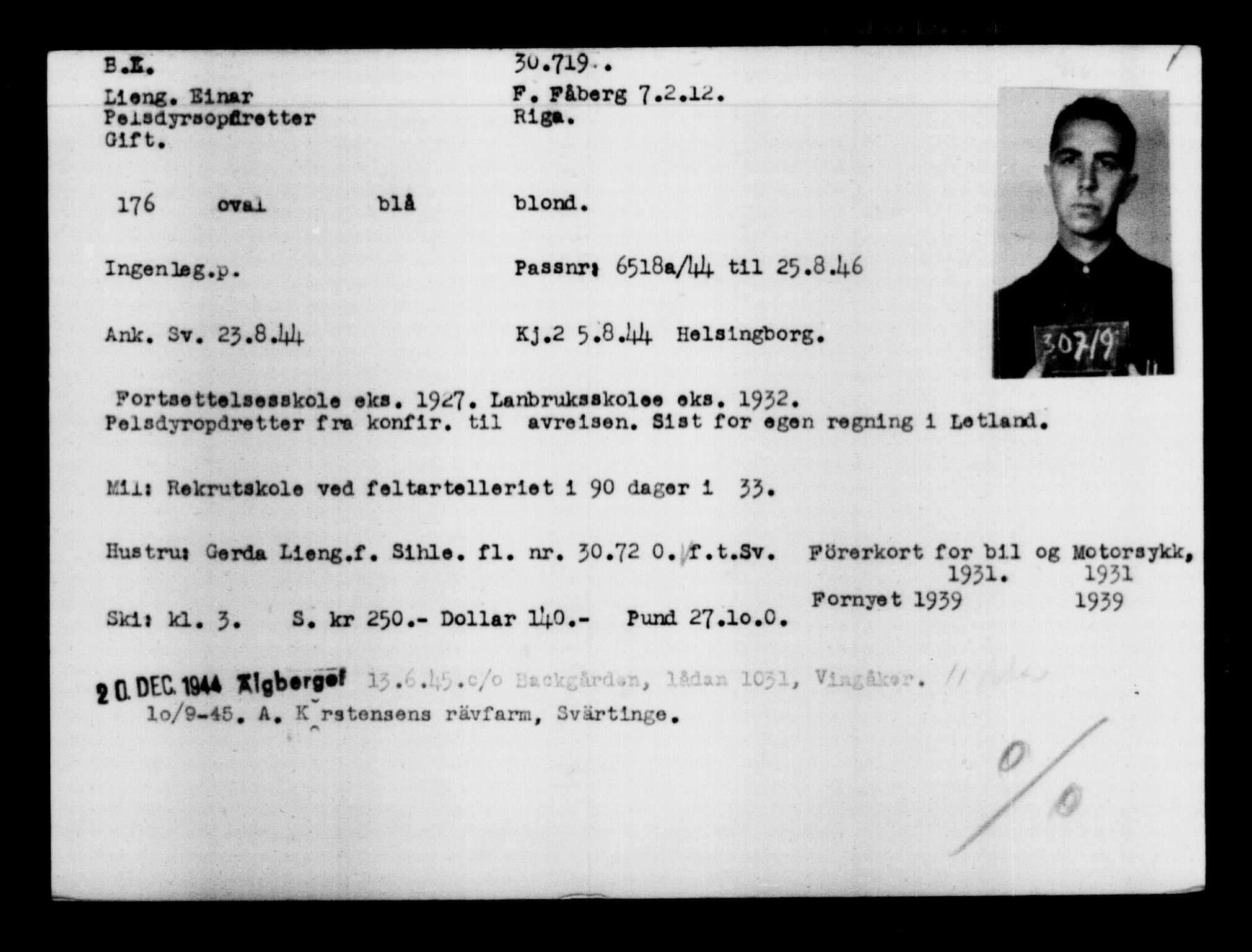 Utenriksstasjonene, Legasjonen i Stockholm, Flyktningkontoret, AV/RA-S-6753/V/Va/L0012: Kjesäterkartoteket, flyktninger med registreringsnr. 28300-31566, 1940-1945, s. 2633