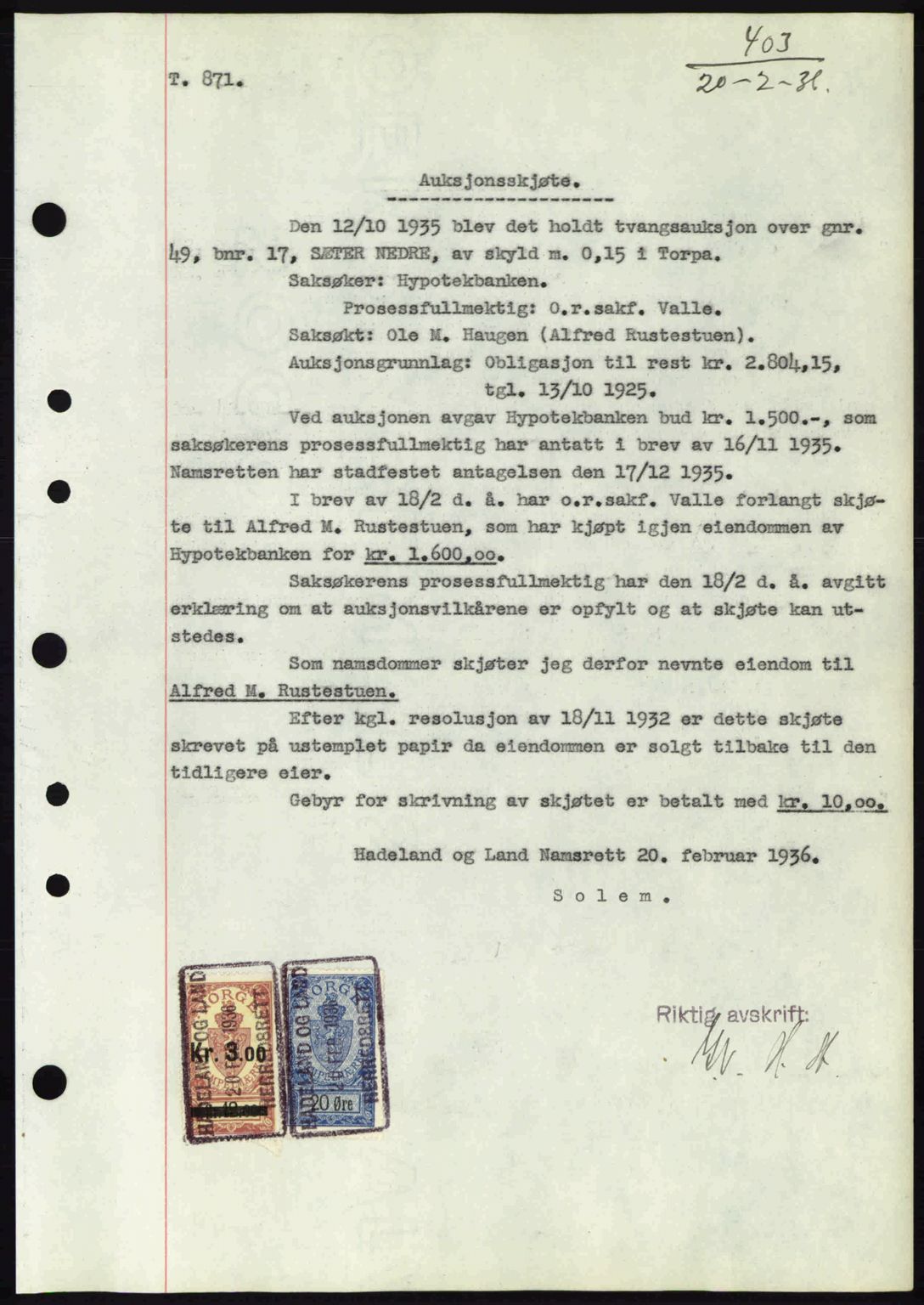 Hadeland og Land tingrett, AV/SAH-TING-010/H/Hb/Hbb/L0072: Pantebok nr. A72, 1936-1936, Dagboknr: 403/1936