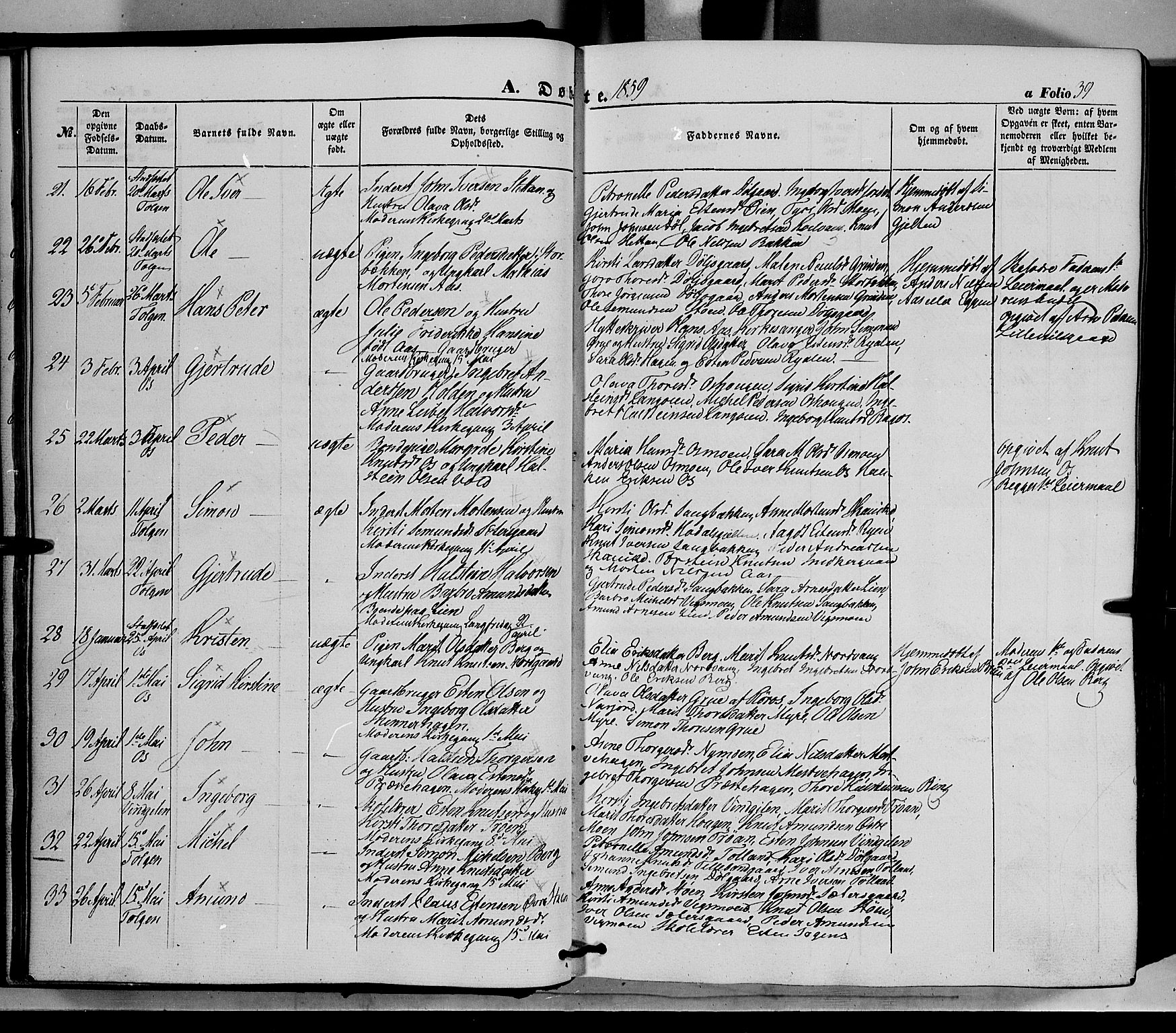 Tolga prestekontor, AV/SAH-PREST-062/K/L0006: Ministerialbok nr. 6, 1852-1876, s. 39
