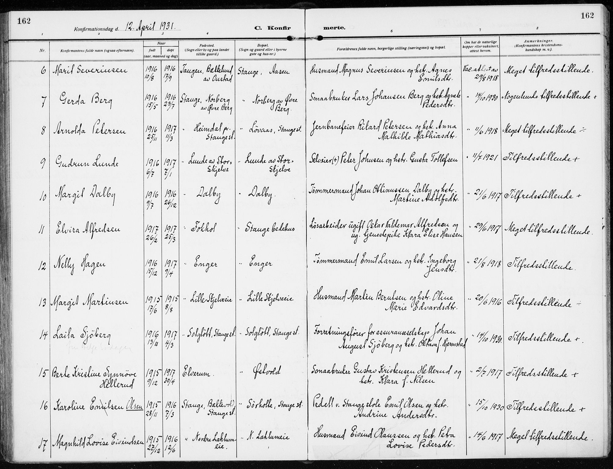 Stange prestekontor, AV/SAH-PREST-002/K/L0026: Ministerialbok nr. 26, 1923-1937, s. 162