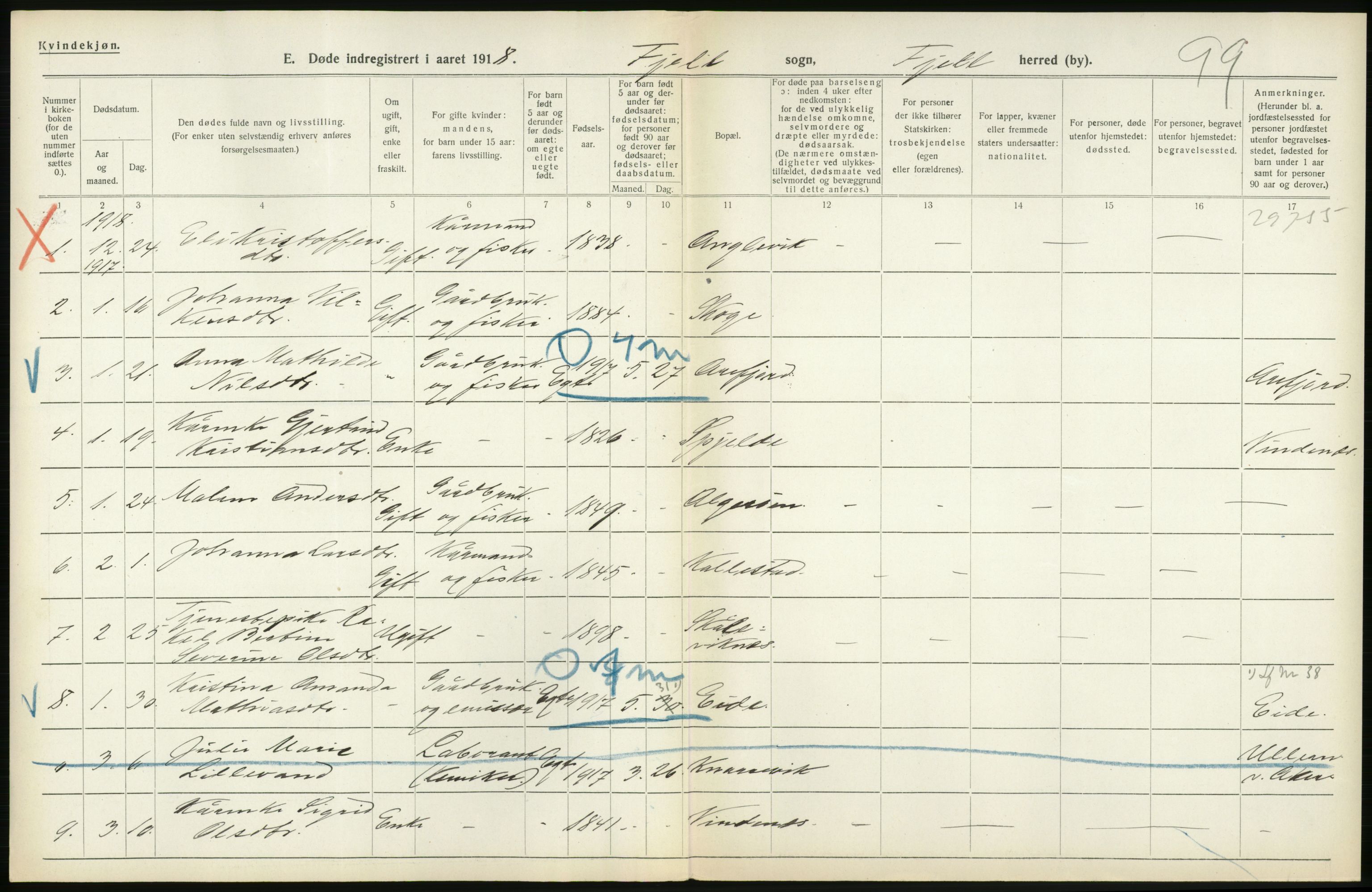 Statistisk sentralbyrå, Sosiodemografiske emner, Befolkning, AV/RA-S-2228/D/Df/Dfb/Dfbh/L0036: Hordaland fylke: Døde., 1918, s. 496