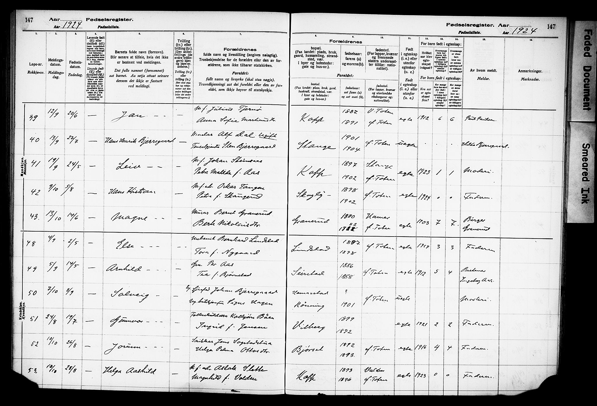 Østre Toten prestekontor, AV/SAH-PREST-104/I/Id/L0001/0001: Fødselsregister nr. 1.1, 1916-1928, s. 147