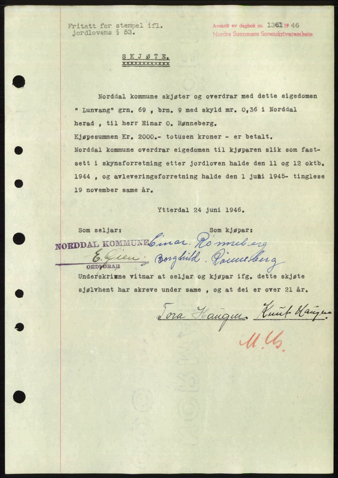 Nordre Sunnmøre sorenskriveri, SAT/A-0006/1/2/2C/2Ca: Pantebok nr. A22, 1946-1946, Dagboknr: 1361/1946
