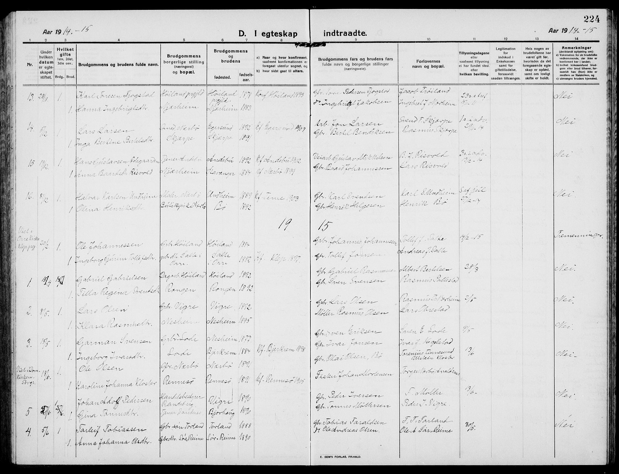 Hå sokneprestkontor, SAST/A-101801/001/30BB/L0007: Klokkerbok nr. B 7, 1912-1939, s. 224